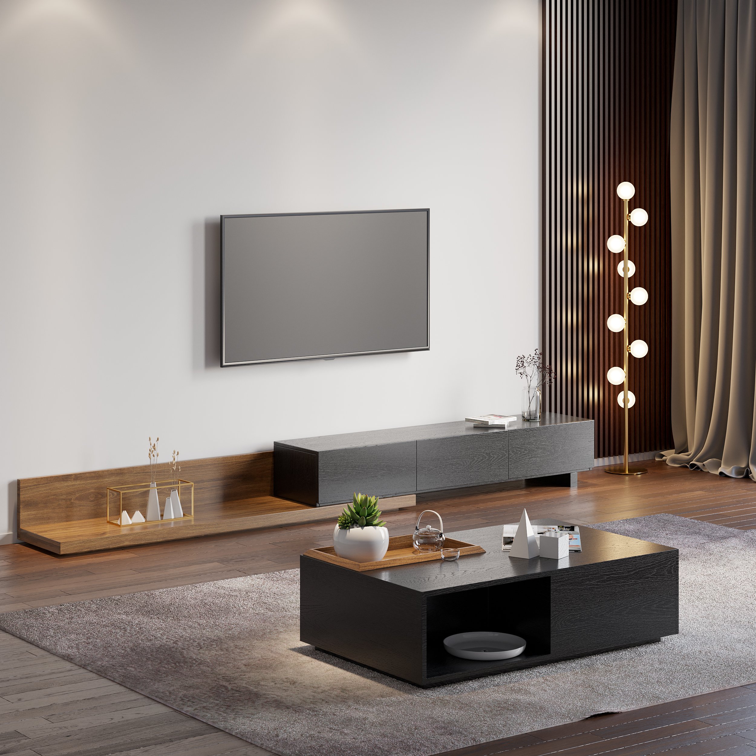 HMR Extendable Floor TV Stand with 3 Drawers (71"-120") - Black & Walnut
