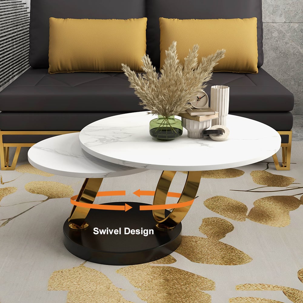 HMR Modern Extendable Coffee Table with Ring-Shaped Metal Pedestal - Gold