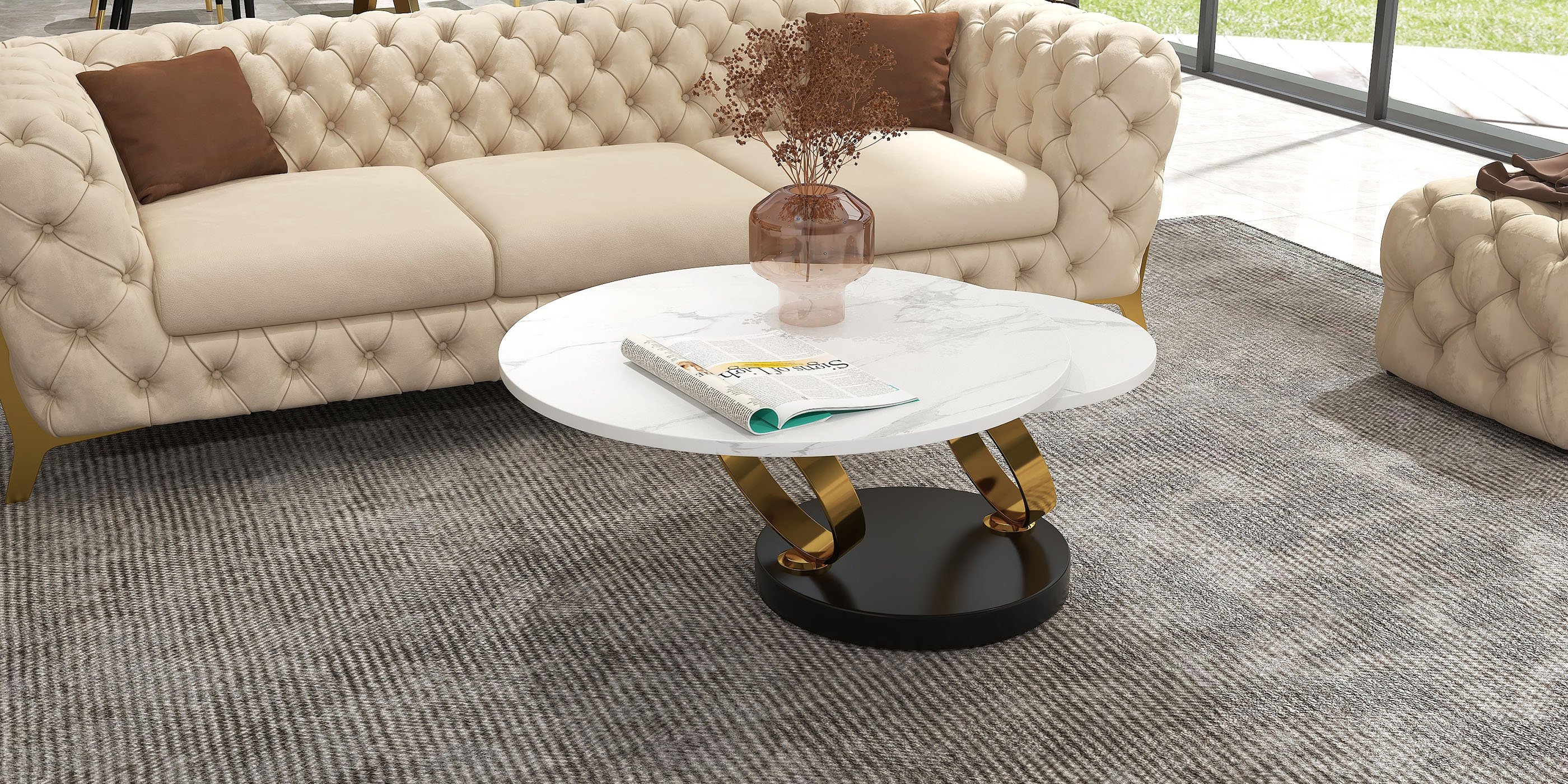 HMR Modern Extendable Coffee Table with Ring-Shaped Metal Pedestal - Gold
