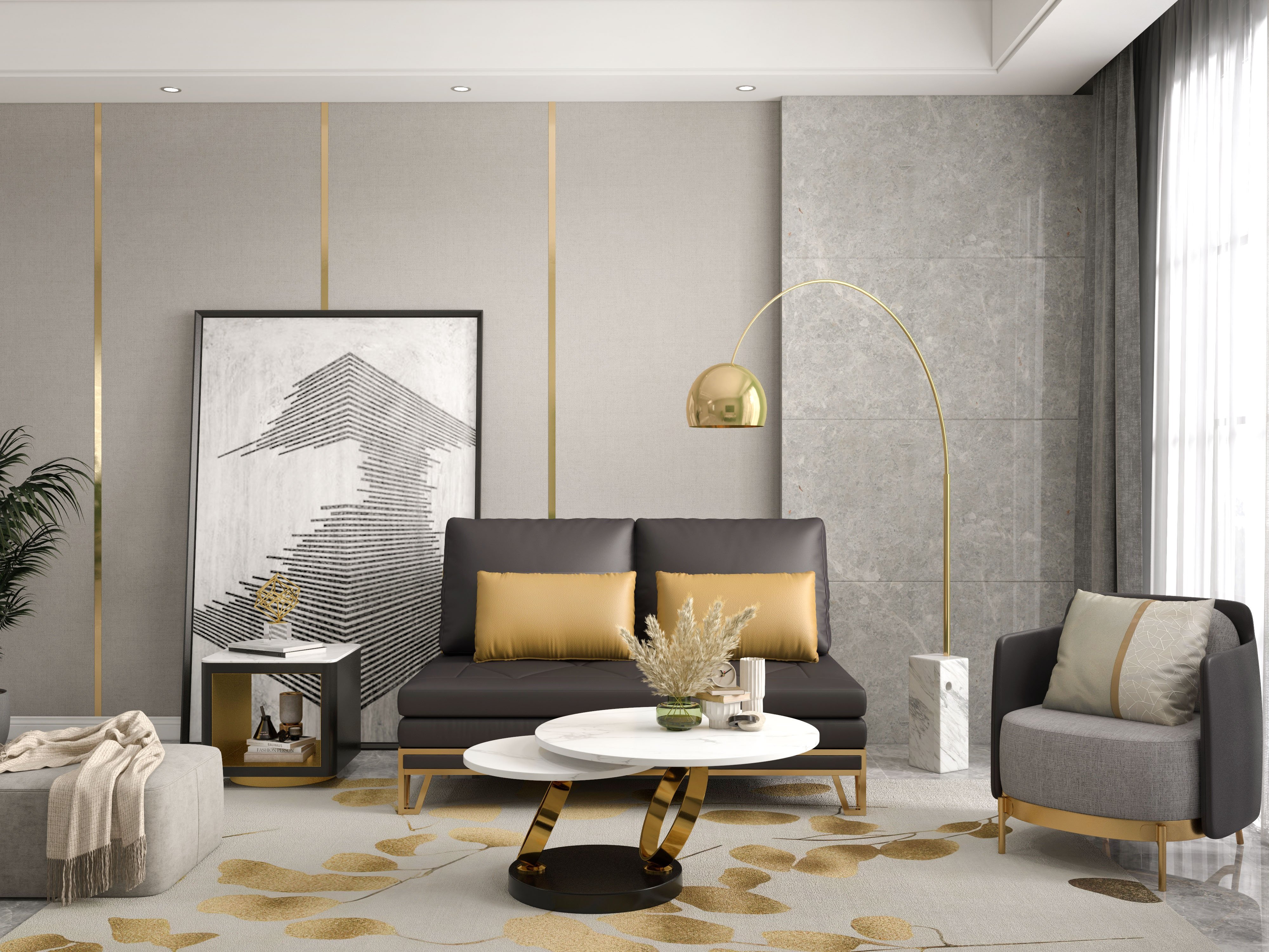HMR Modern Extendable Coffee Table with Ring-Shaped Metal Pedestal - Gold