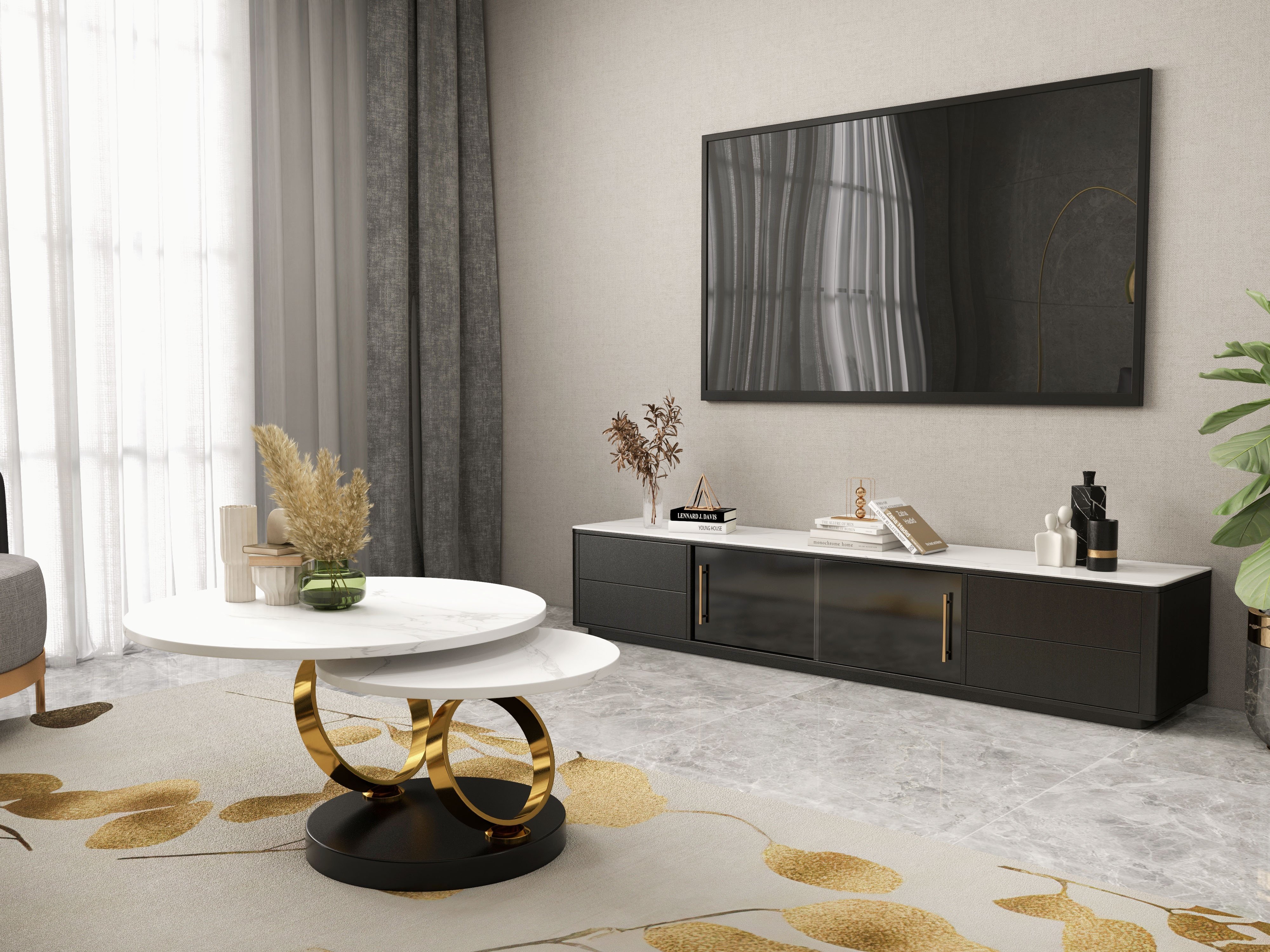 HMR Modern Extendable Coffee Table with Ring-Shaped Metal Pedestal - Gold