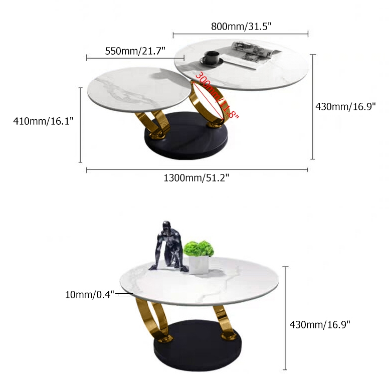 HMR Modern Extendable Coffee Table with Ring-Shaped Metal Pedestal - Gold