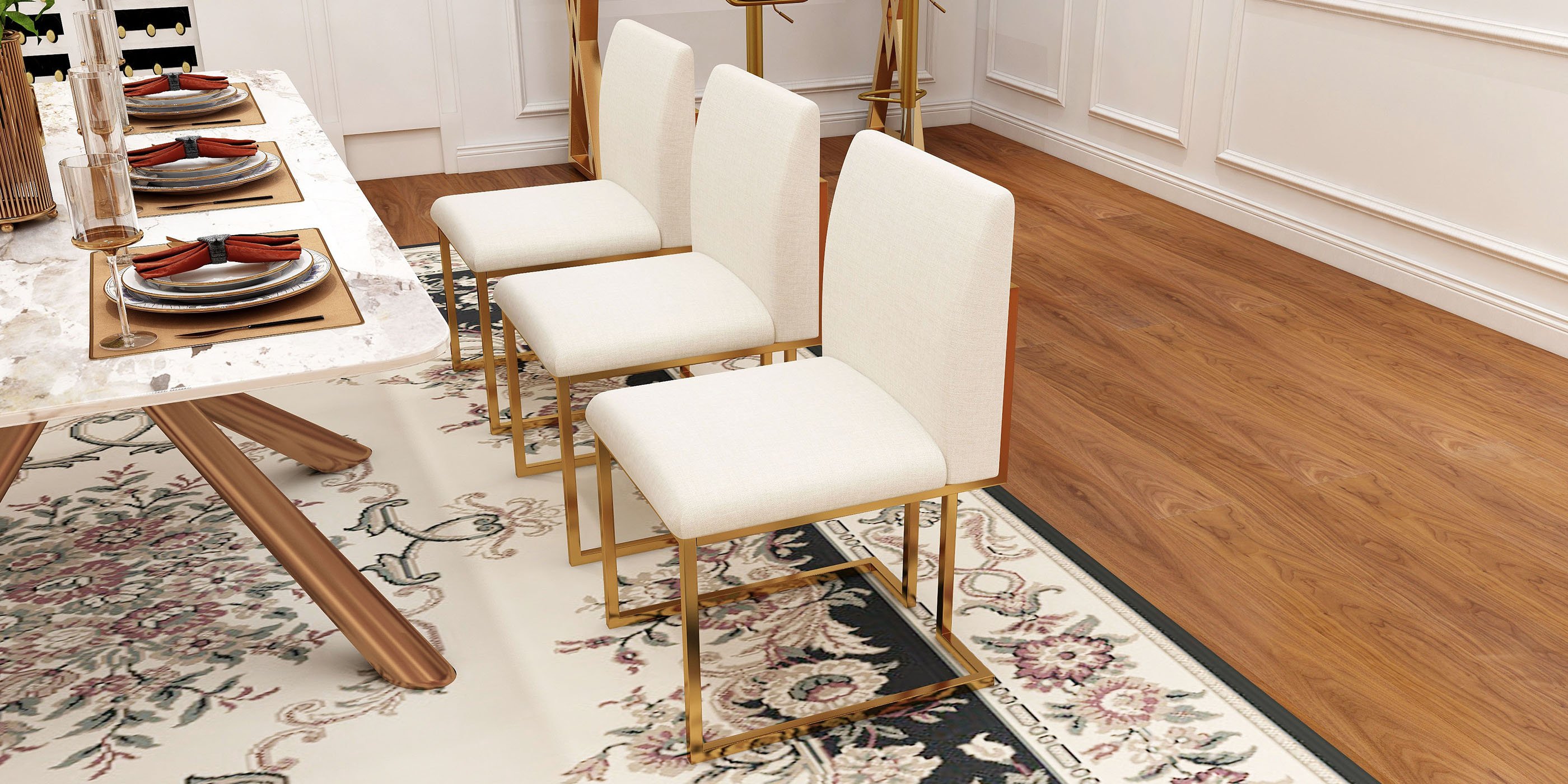 HMR - Modern Linen Upholstered Dining Chair with Stainless Steel Leg (Set of 2) in Beige