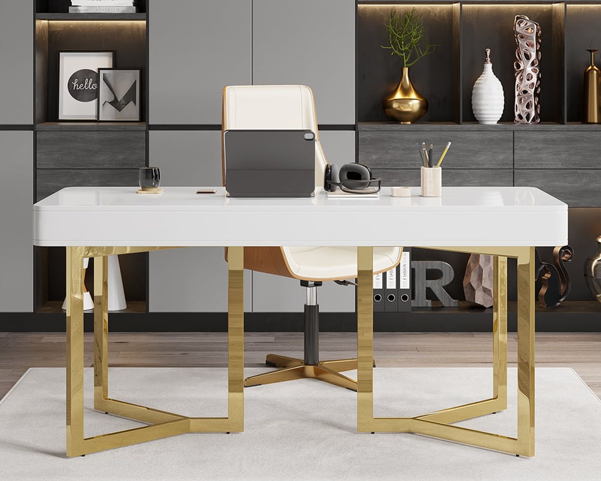 HMR - Modern 55" Office Desk with Gold Tripod Base