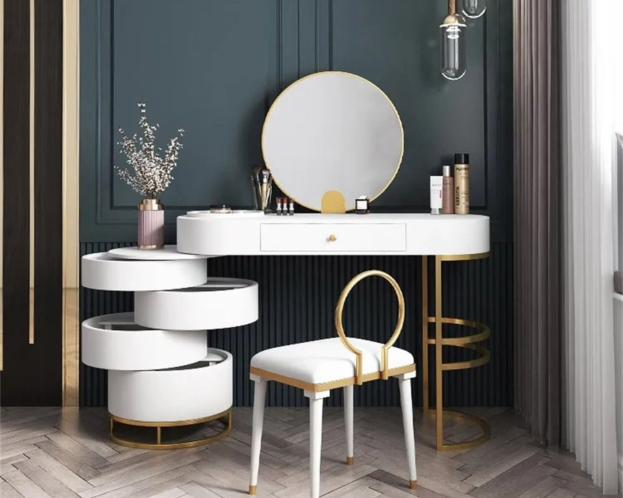 HMR - Vanity Table with 4-Drawer Swivel Cabinet and Mirror and Chair Included in White