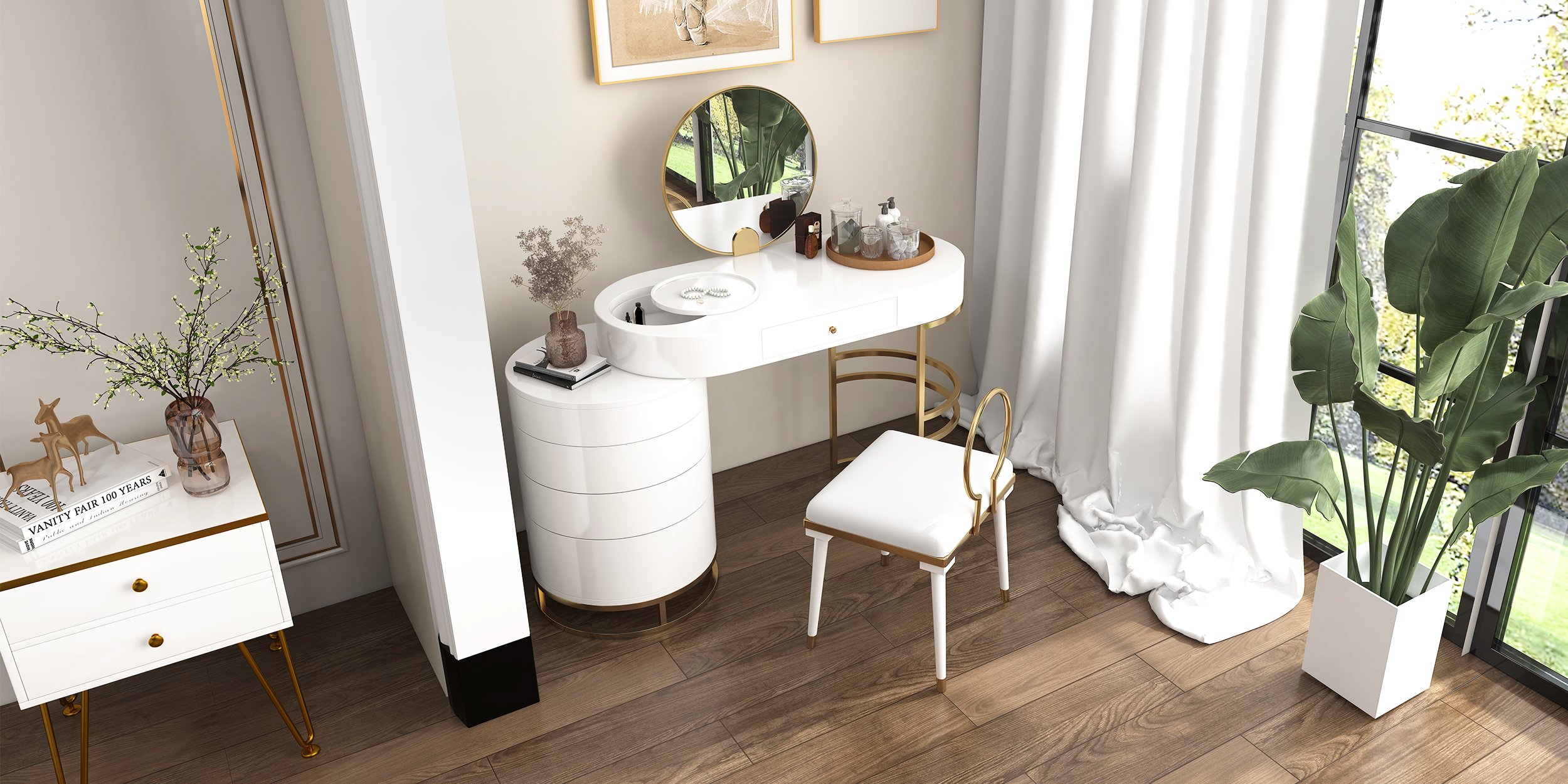 HMR - Vanity Table with 4-Drawer Swivel Cabinet and Mirror and Chair Included in White