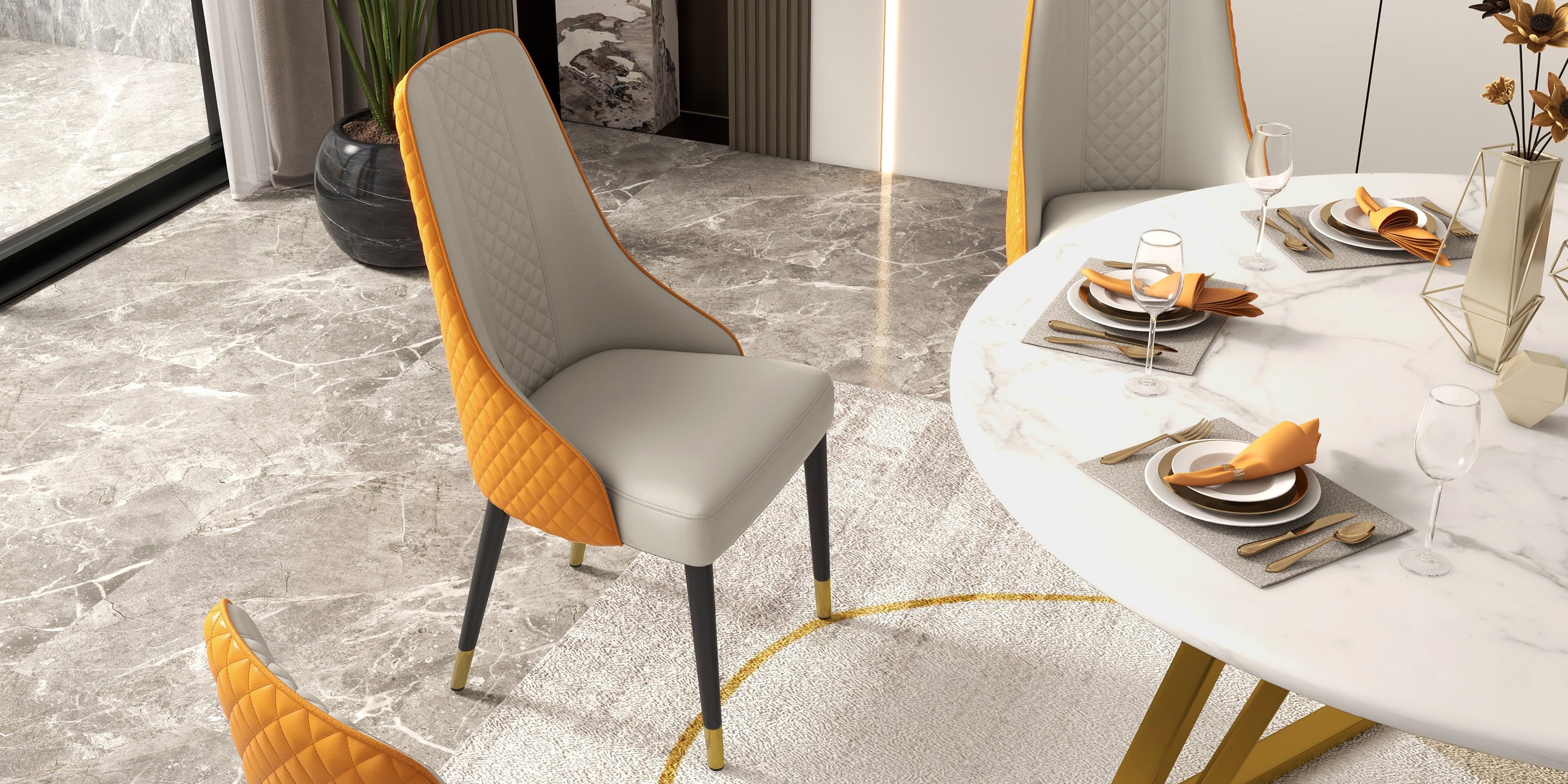 HMR Diamic Series Modern Faux Leather Dining Chairs with Upholstery - Deep Orange, 2-Pieces