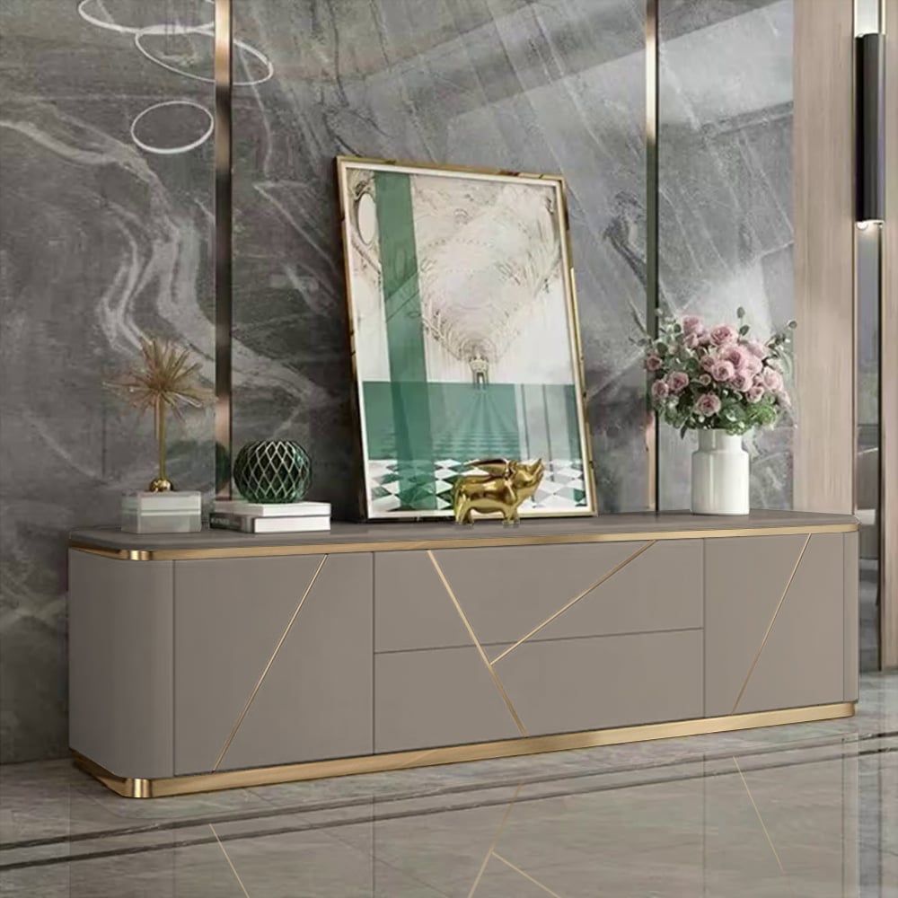 HMR - Janice TV Stand Drawer Shelves Media Console in Gray and Gold