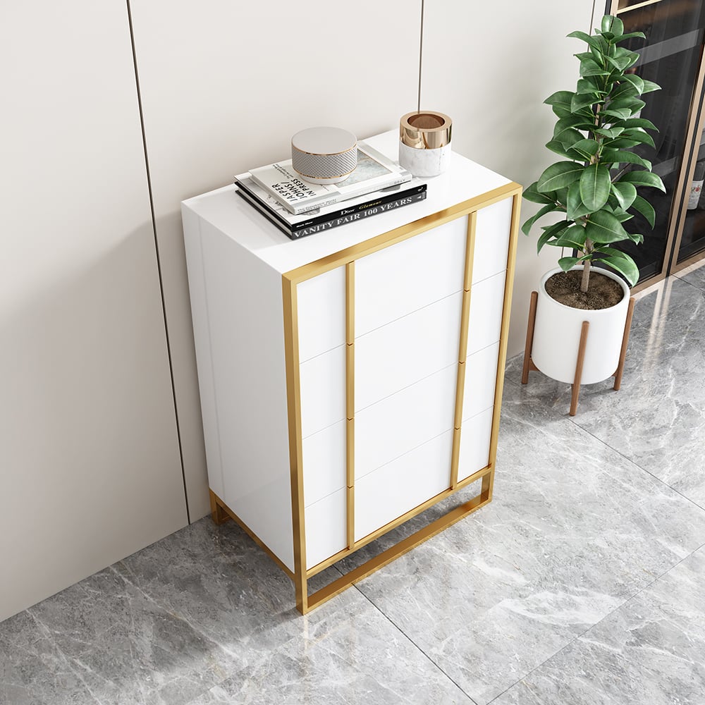 HMR Rimh Series Modern Chest with 4 Drawers - White/Gold