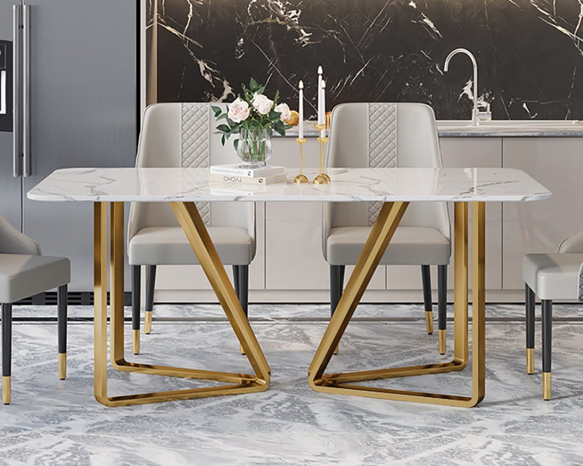 HMR - Marby Rectangle Dining Table with Base Stainless Steel in 63"L, Gold