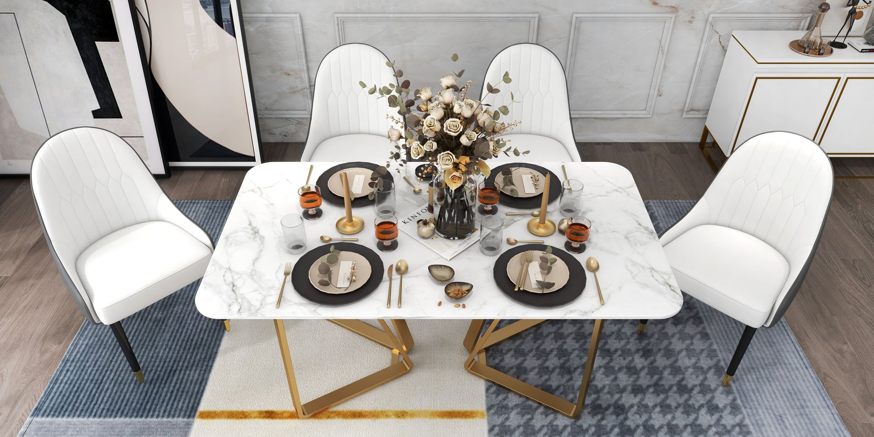HMR - Marby Rectangle Dining Table with Base Stainless Steel in 63"L, Gold