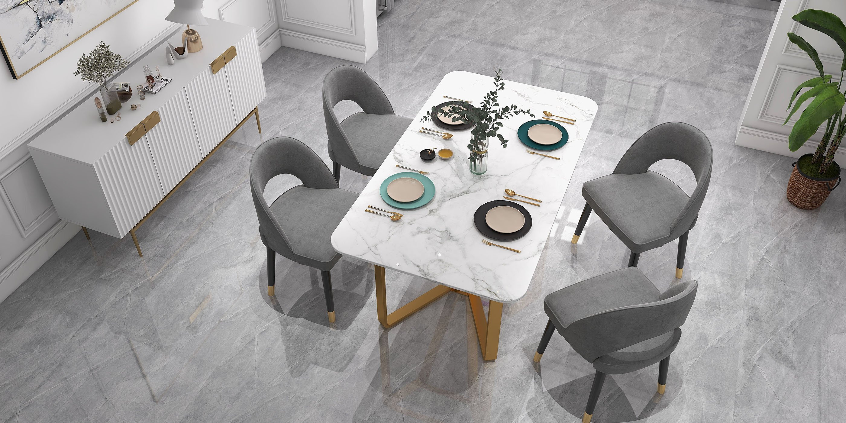 HMR - Marby Rectangle Dining Table with Base Stainless Steel in 63"L, Gold