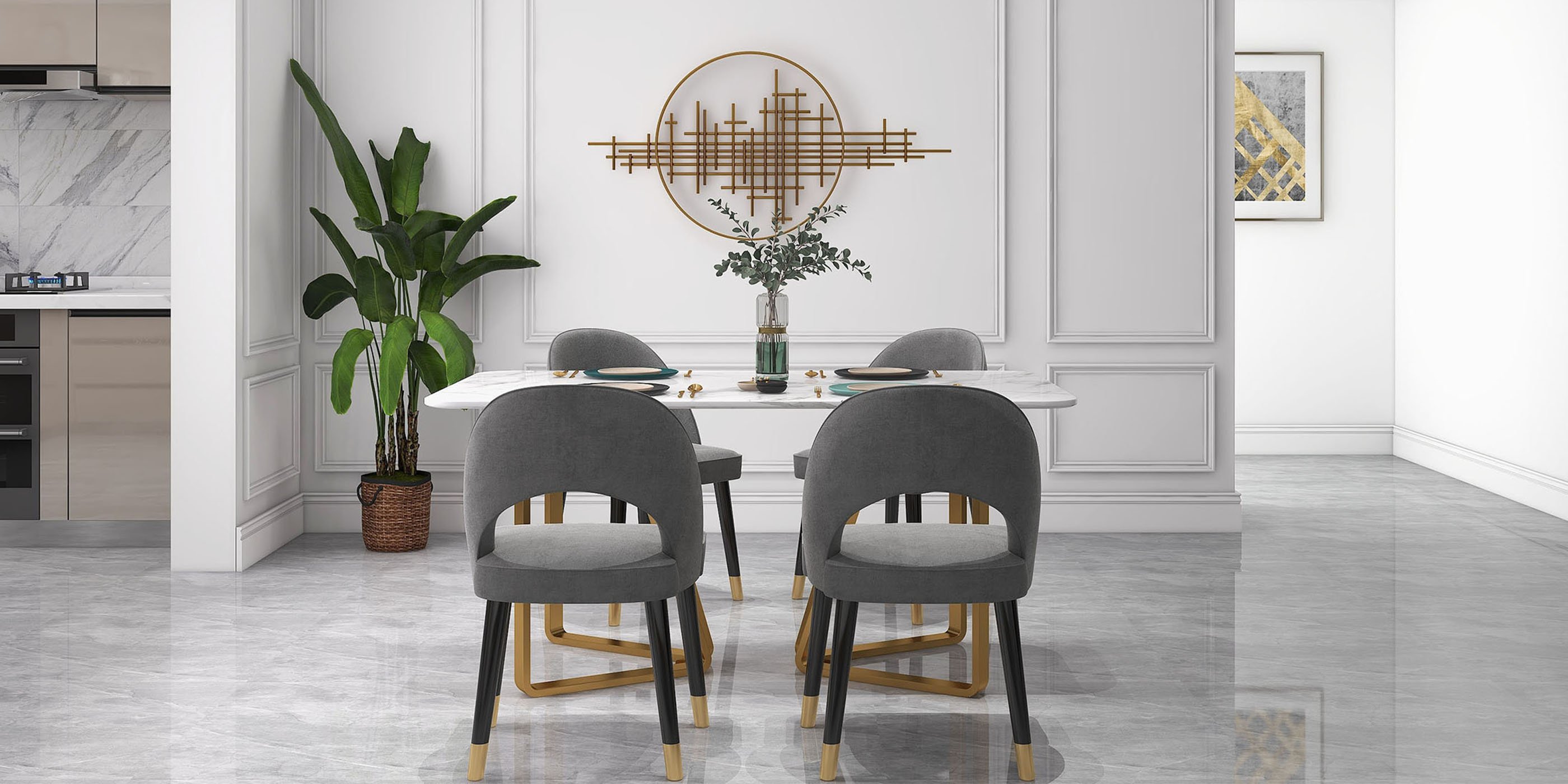 HMR - Marby Rectangle Dining Table with Base Stainless Steel in 63"L, Gold