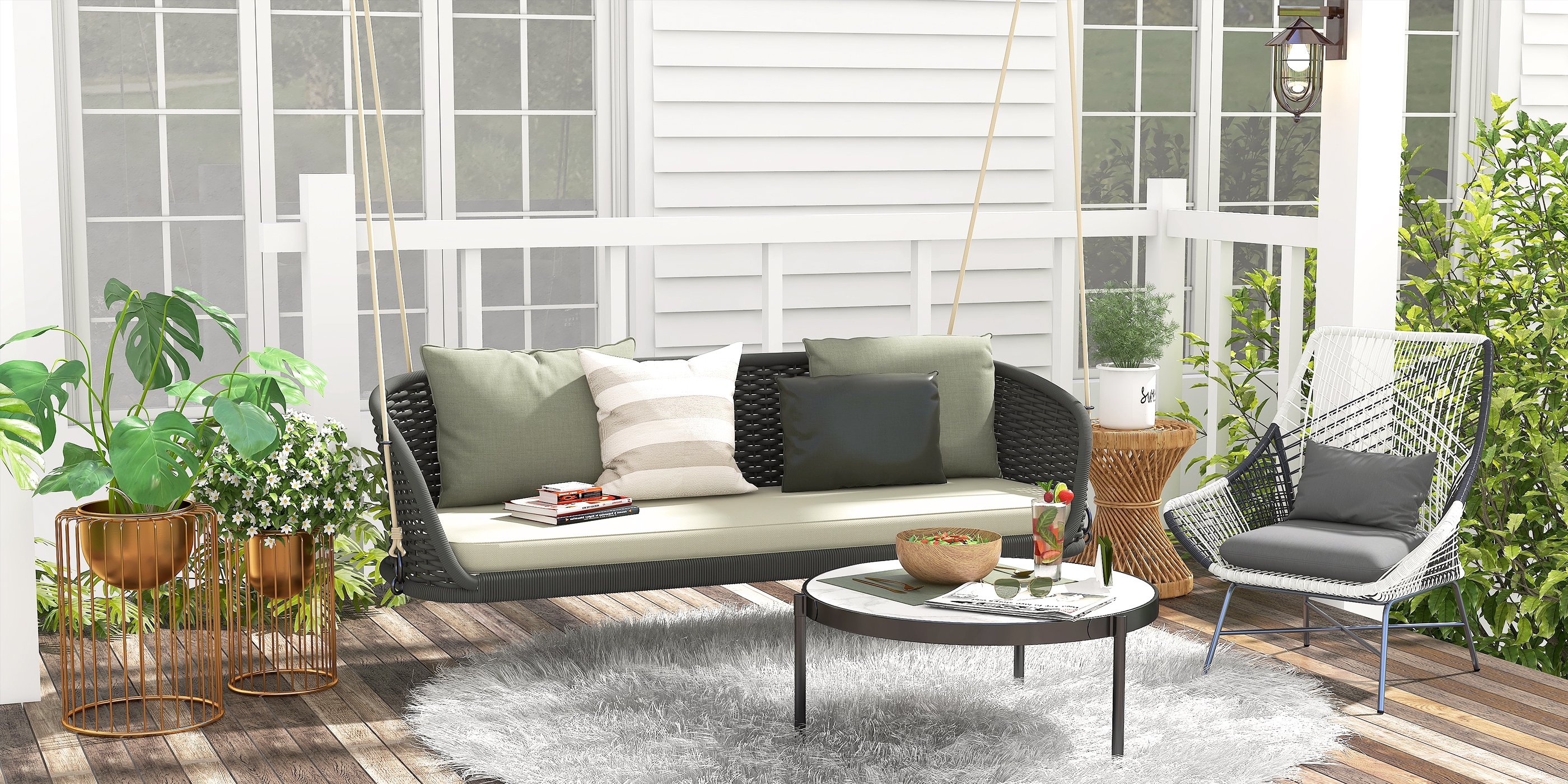 HMR - Outdoor PE Rattan Patio Armchair with Cushion Pillow (Set of 2) in Gray