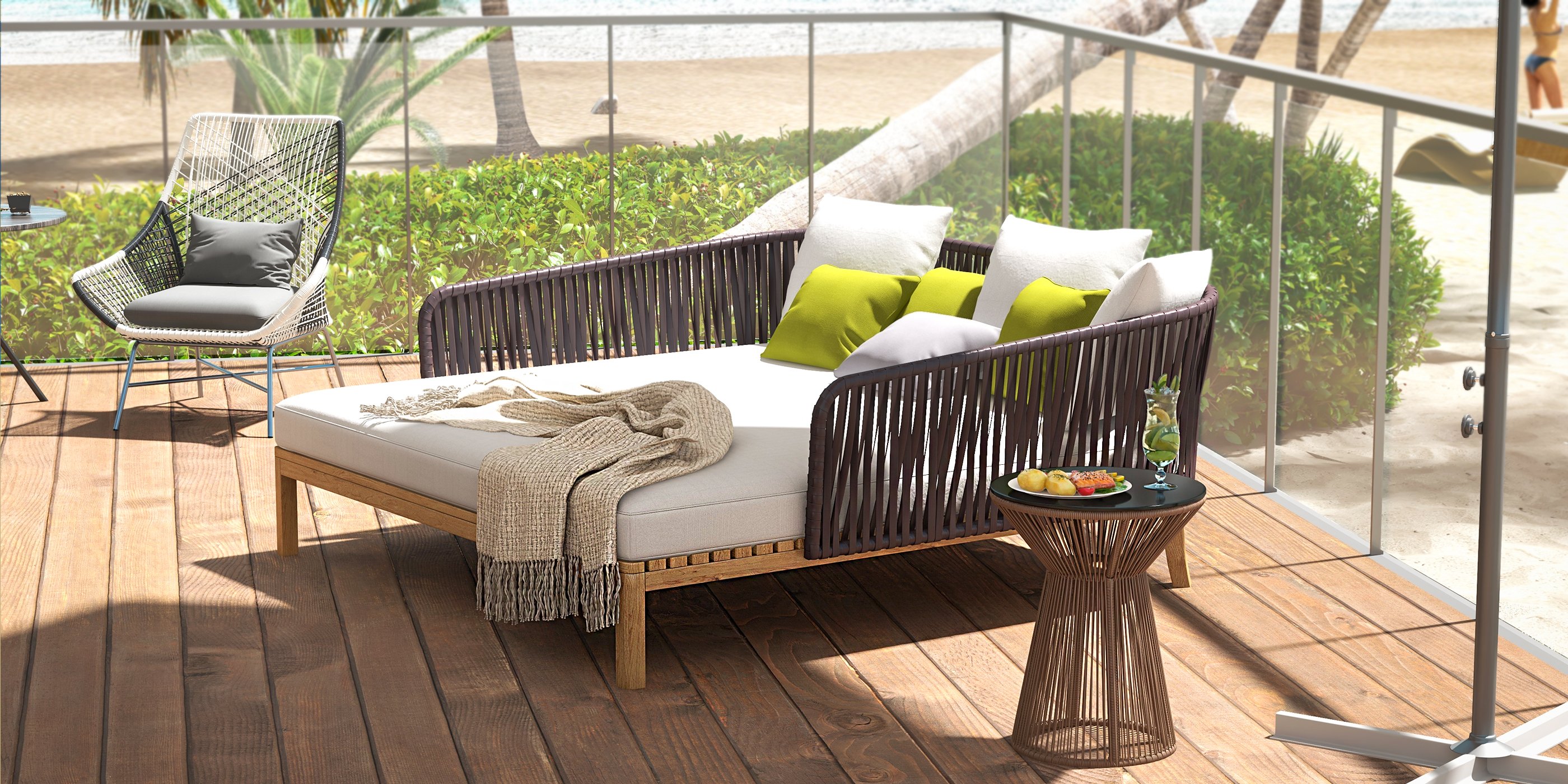 HMR - Outdoor PE Rattan Patio Armchair with Cushion Pillow (Set of 2) in Gray