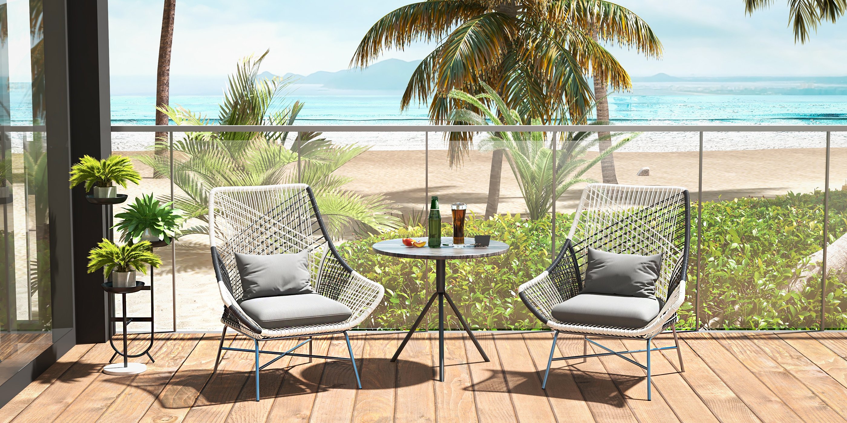 HMR - Outdoor PE Rattan Patio Armchair with Cushion Pillow (Set of 2) in Gray
