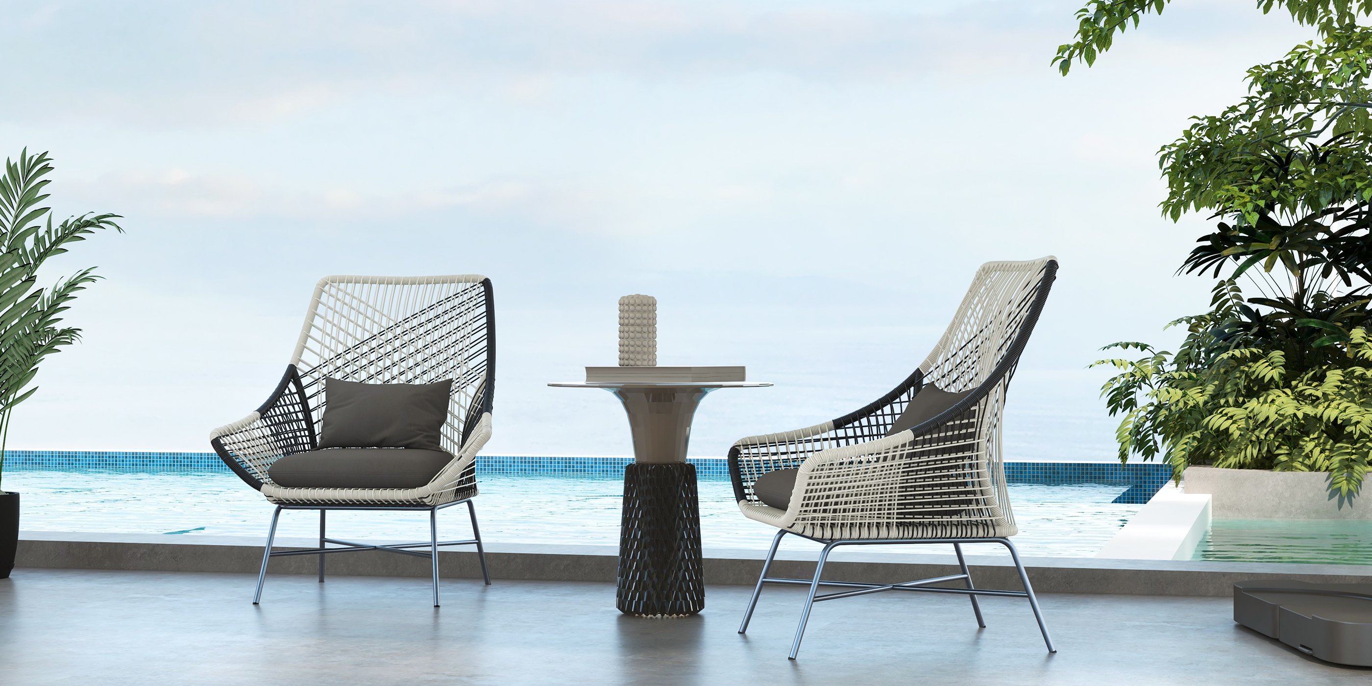 HMR - Outdoor PE Rattan Patio Armchair with Cushion Pillow (Set of 2) in Gray
