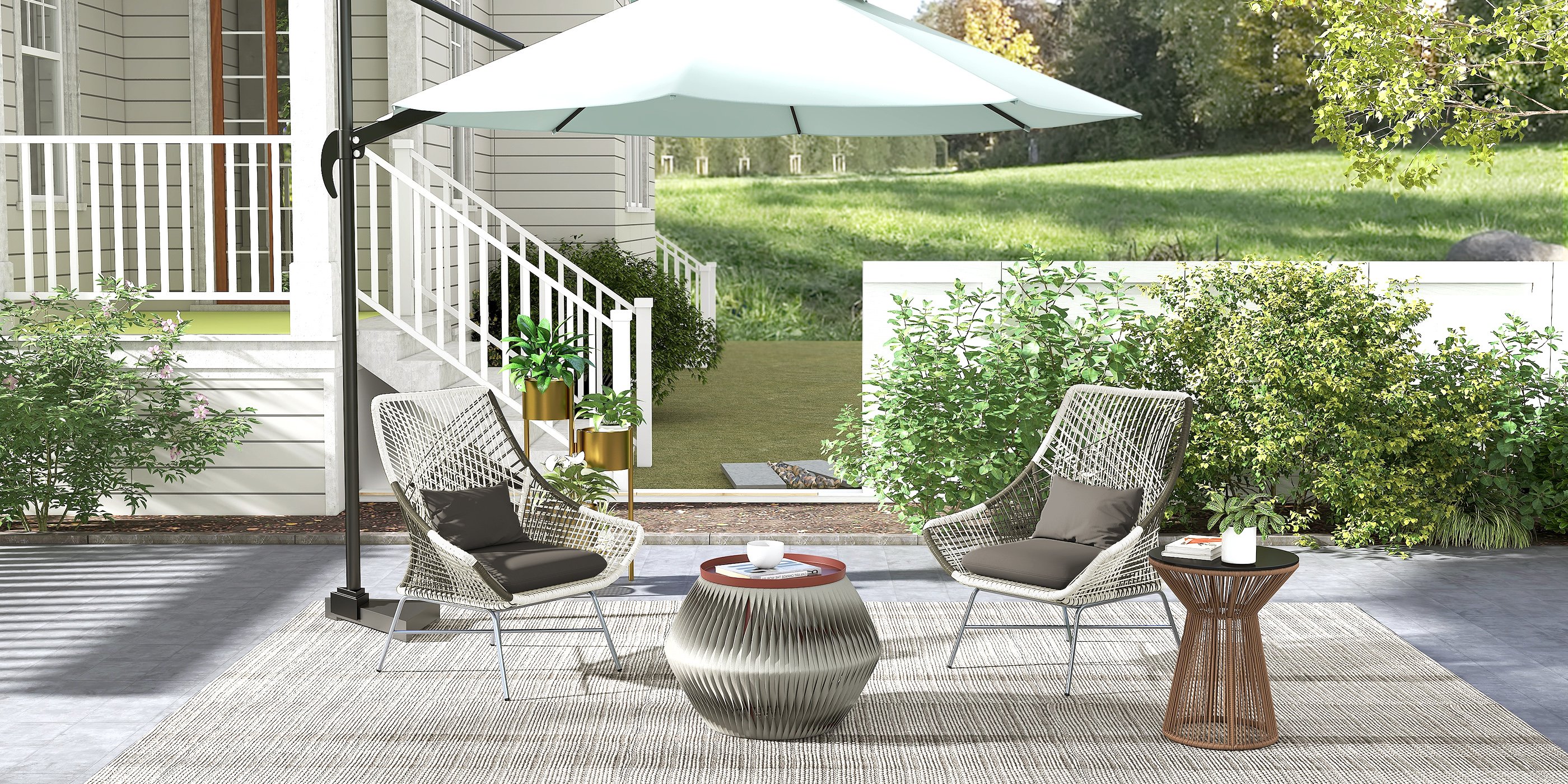 HMR - Outdoor PE Rattan Patio Armchair with Cushion Pillow (Set of 2) in Gray