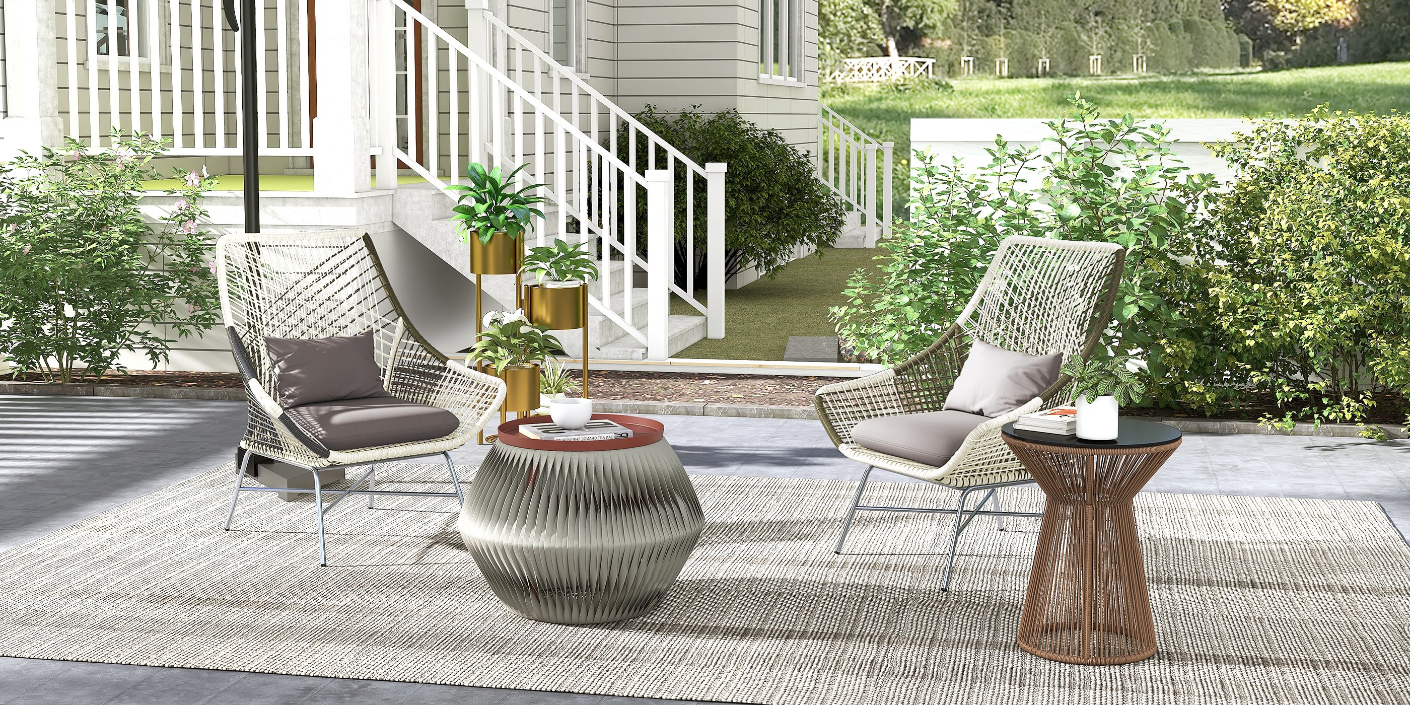 HMR - Outdoor PE Rattan Patio Armchair with Cushion Pillow (Set of 2) in Gray