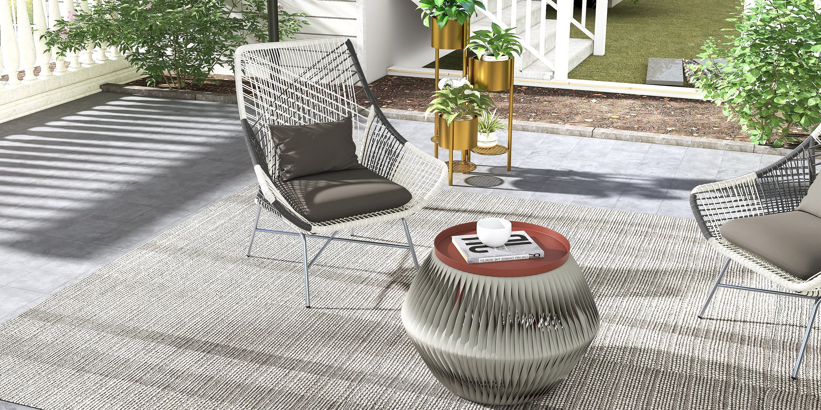 HMR - Outdoor PE Rattan Patio Armchair with Cushion Pillow (Set of 2) in Gray