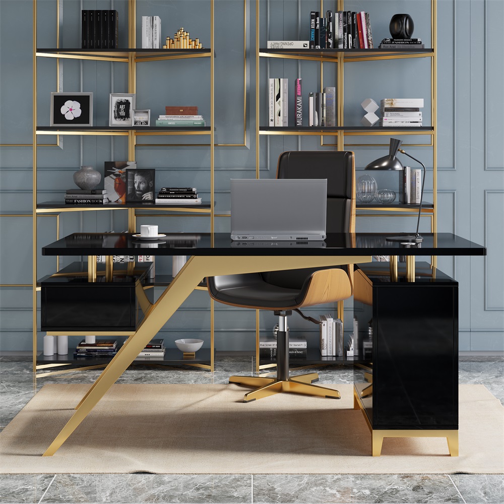 HMR Hungled 55" Modern Office Executive Desk with Storage File Cabinet - Black