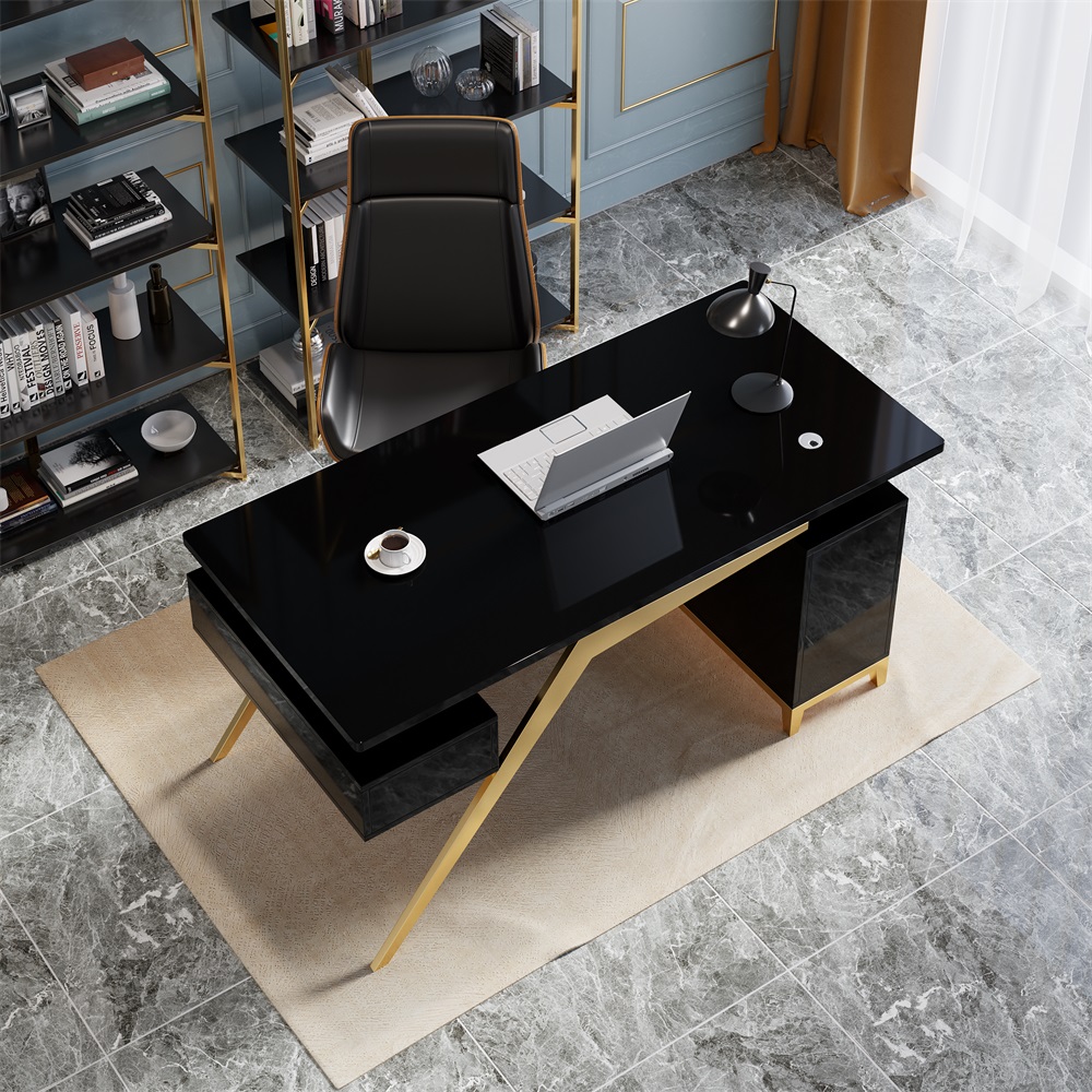 HMR Hungled 55" Modern Office Executive Desk with Storage File Cabinet - Black