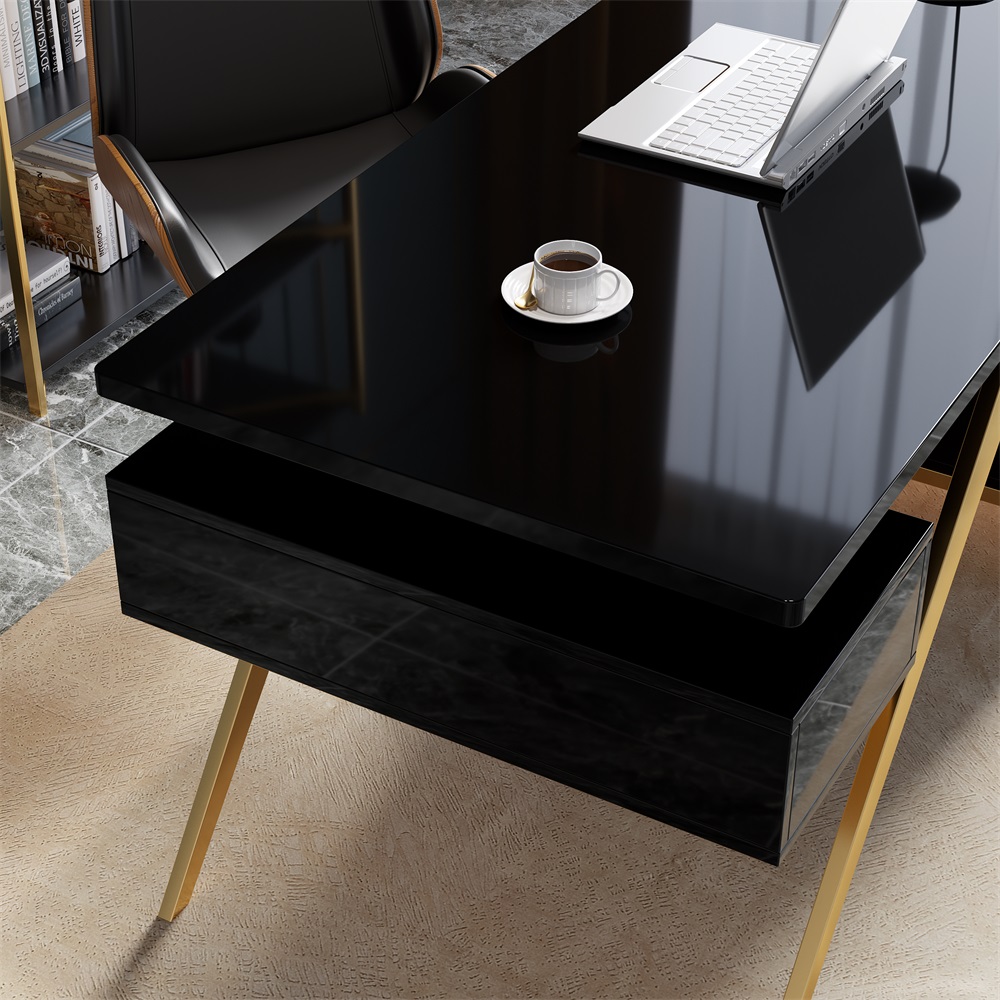 HMR Hungled 55" Modern Office Executive Desk with Storage File Cabinet - Black