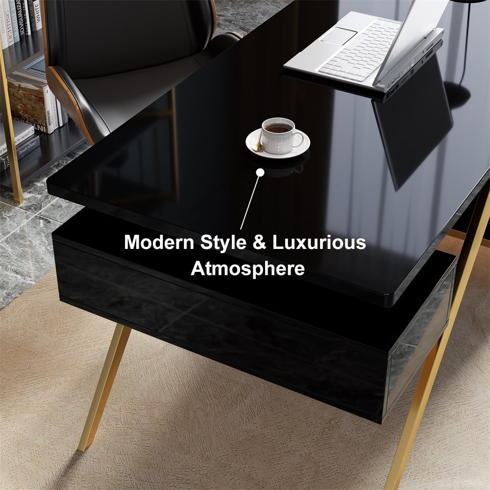 HMR Hungled 55" Modern Office Executive Desk with Storage File Cabinet - Black