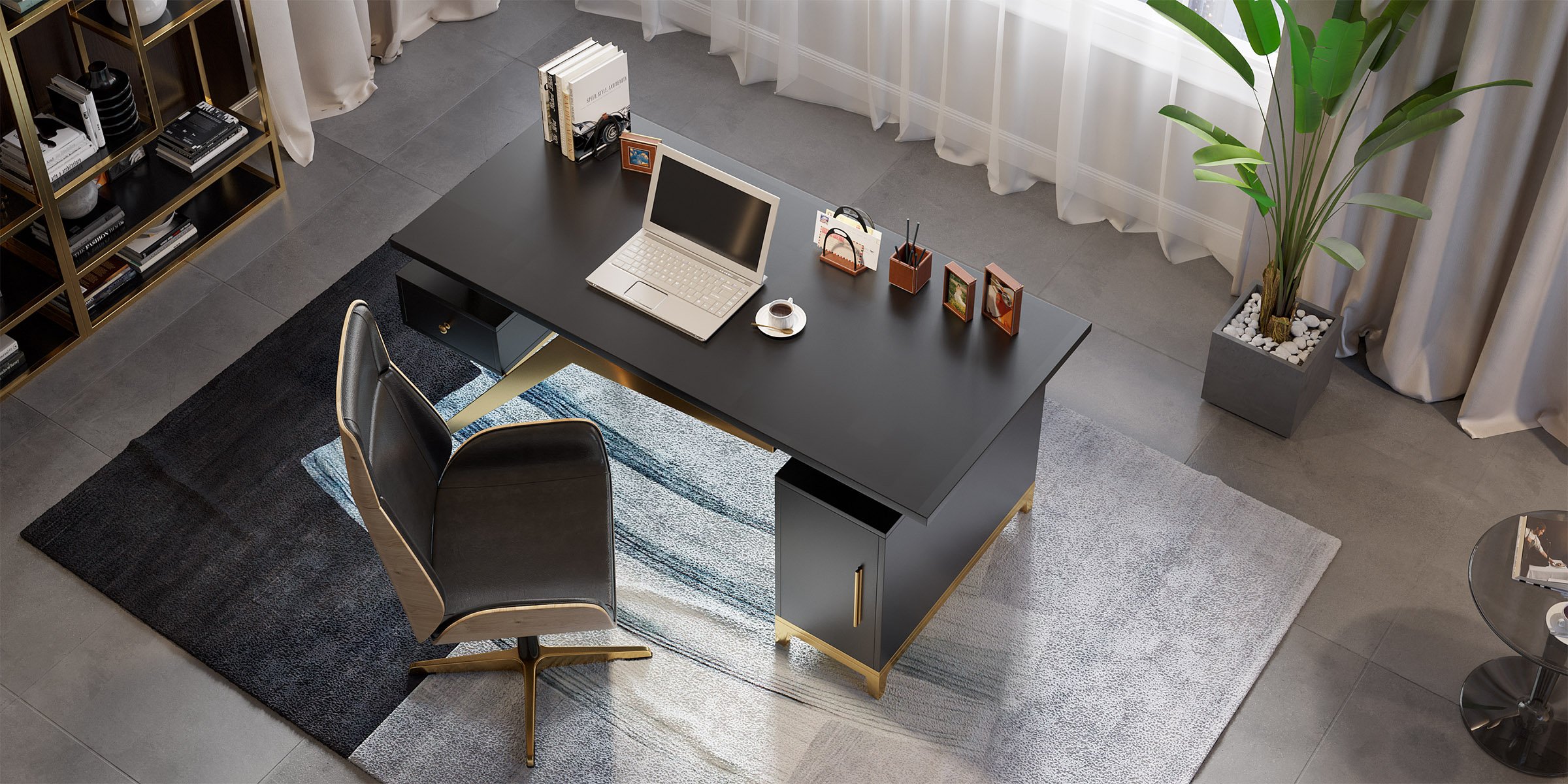 HMR Hungled 55" Modern Office Executive Desk with Storage File Cabinet - Black