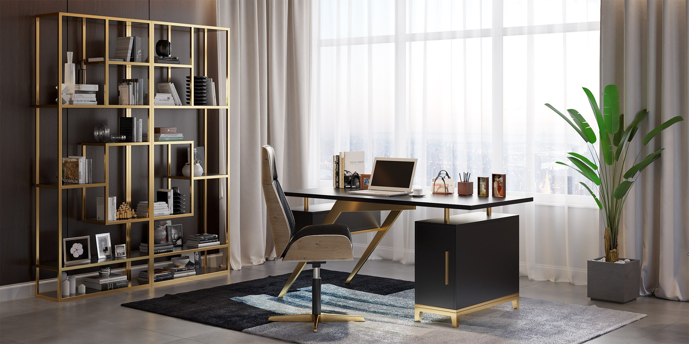HMR Hungled 55" Modern Office Executive Desk with Storage File Cabinet - Black