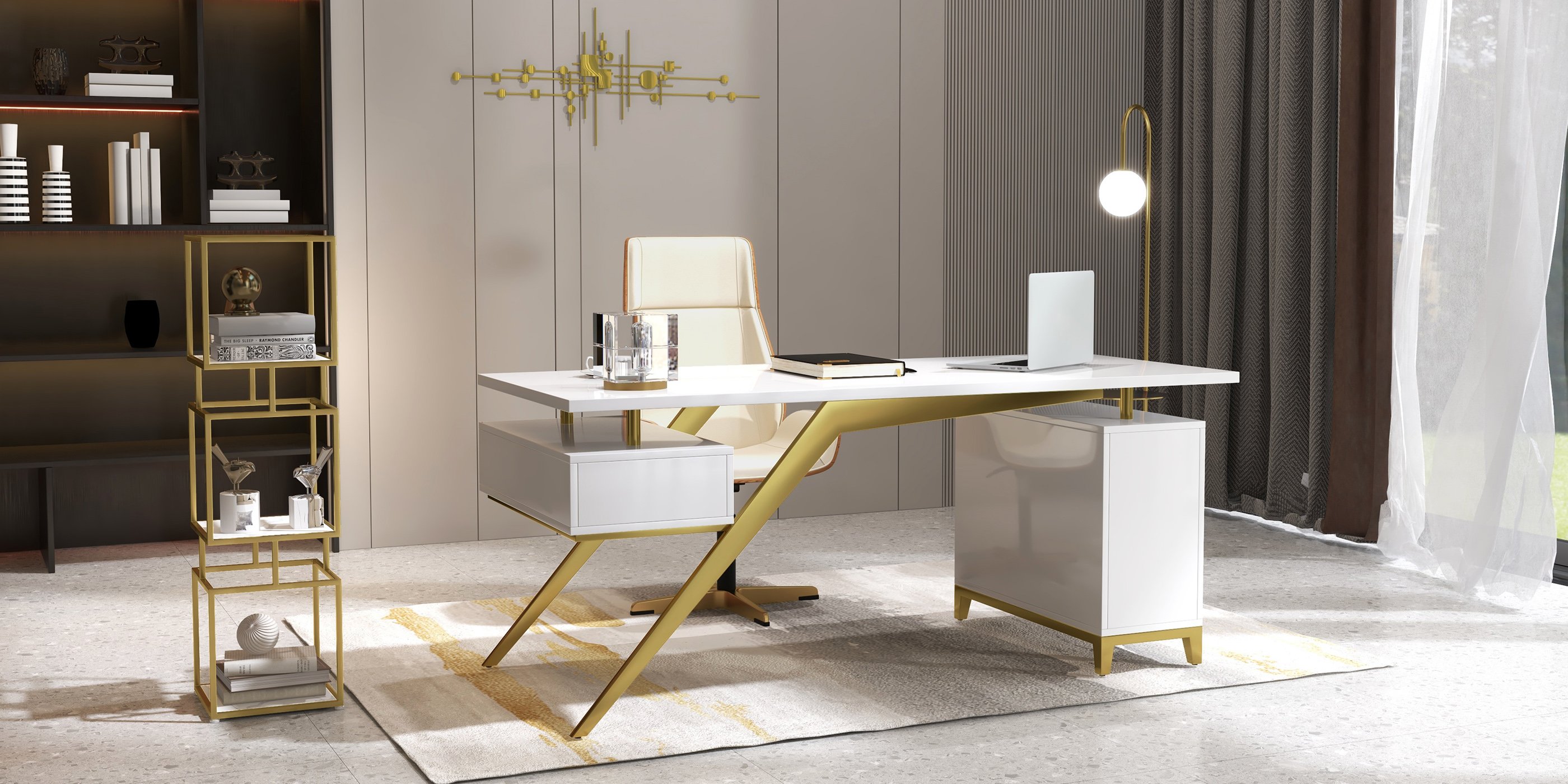 HMR Hungled 71" Modern Office Executive Desk with Storage File Cabinet - White