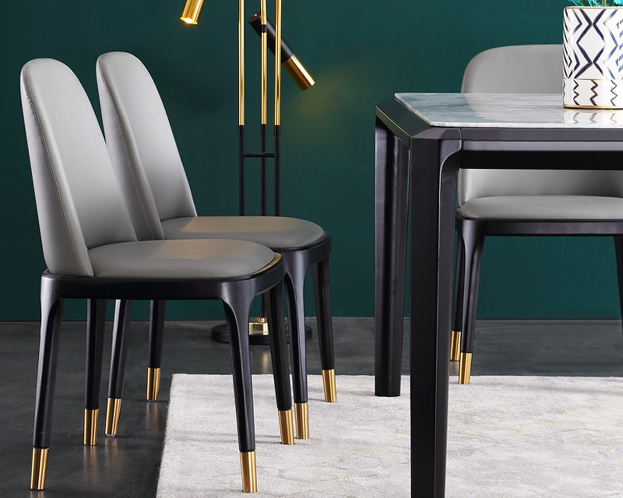 HMR - Modern Upholstered PU Dining Table with Chair (Set of 2) in Gray