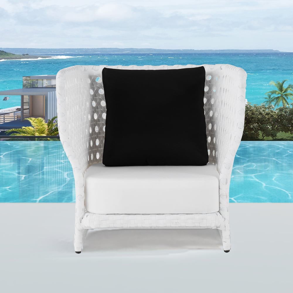 HMR - All-Weather Patio Wicker Outdoor Club Chair with Cushion and Pillow in White