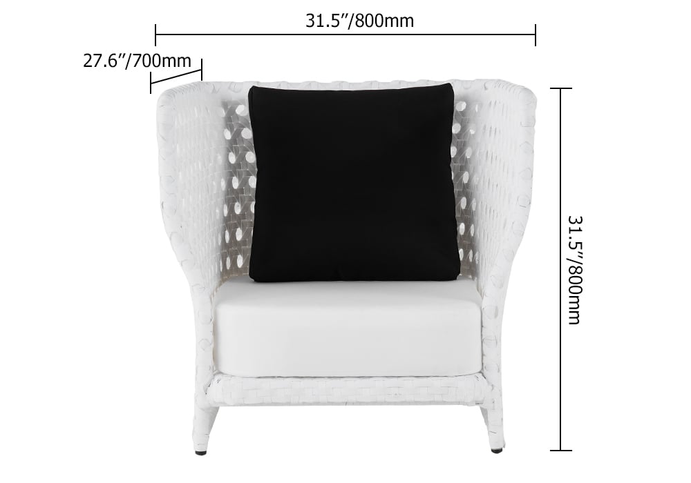HMR - All-Weather Patio Wicker Outdoor Club Chair with Cushion and Pillow in White
