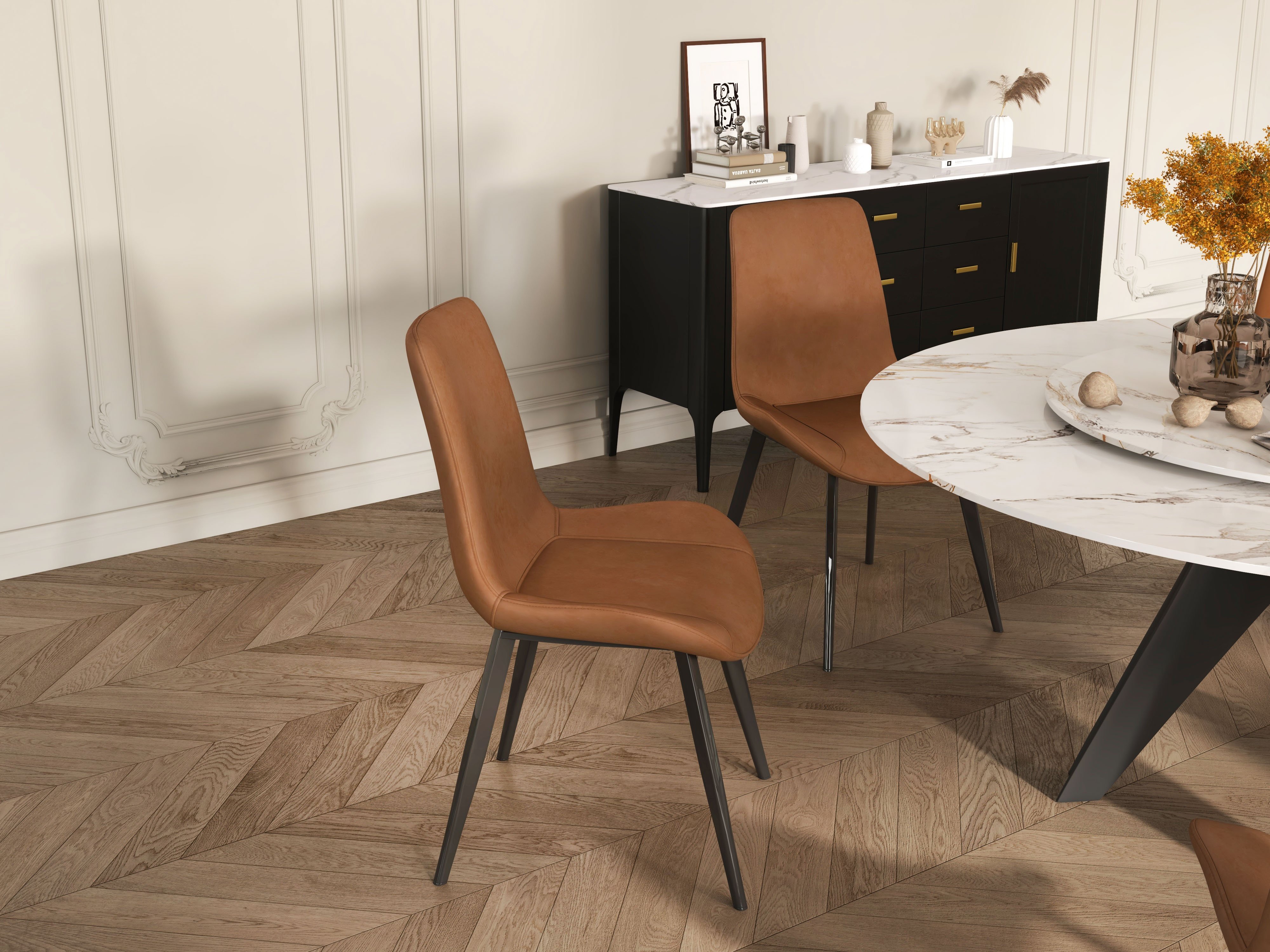 HMR Linesly Series Modern Dining Chairs with PU Leather Upholstery (Set of 2) - Brown