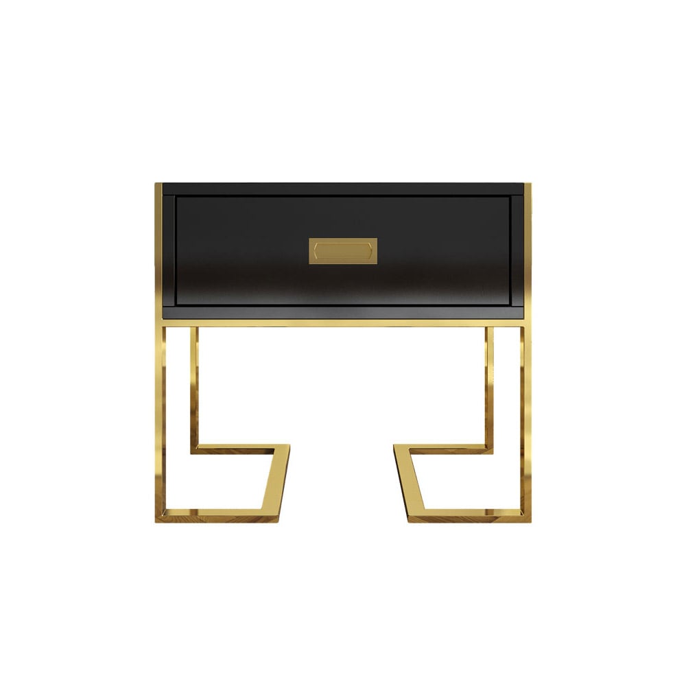 HMR Jocise Series Modern End Table with 1 Drawer & Golden Double Pedestal - Black