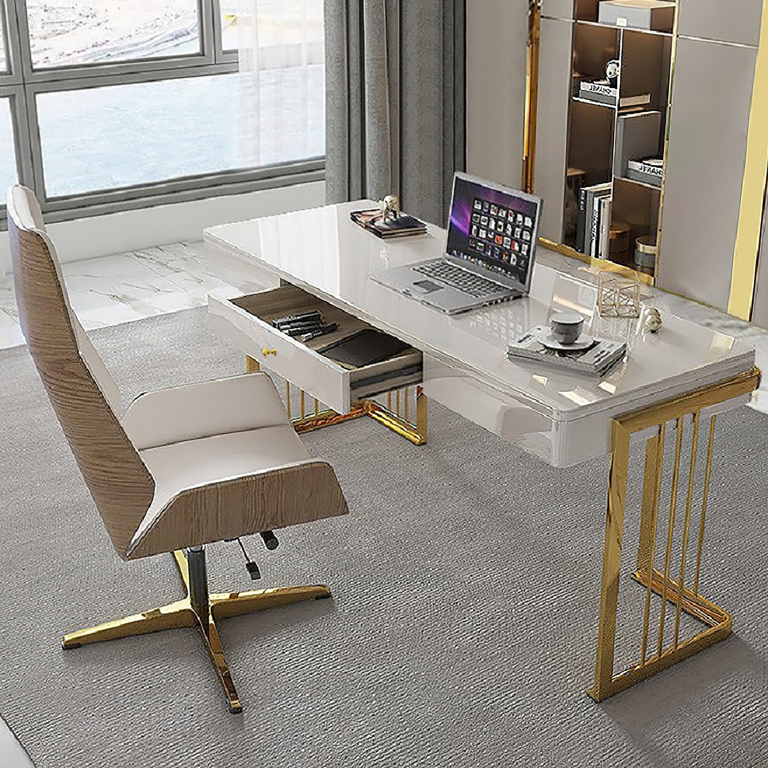 HMR Modern 47" Office Computer Desk with Drawer and Gold Base - White