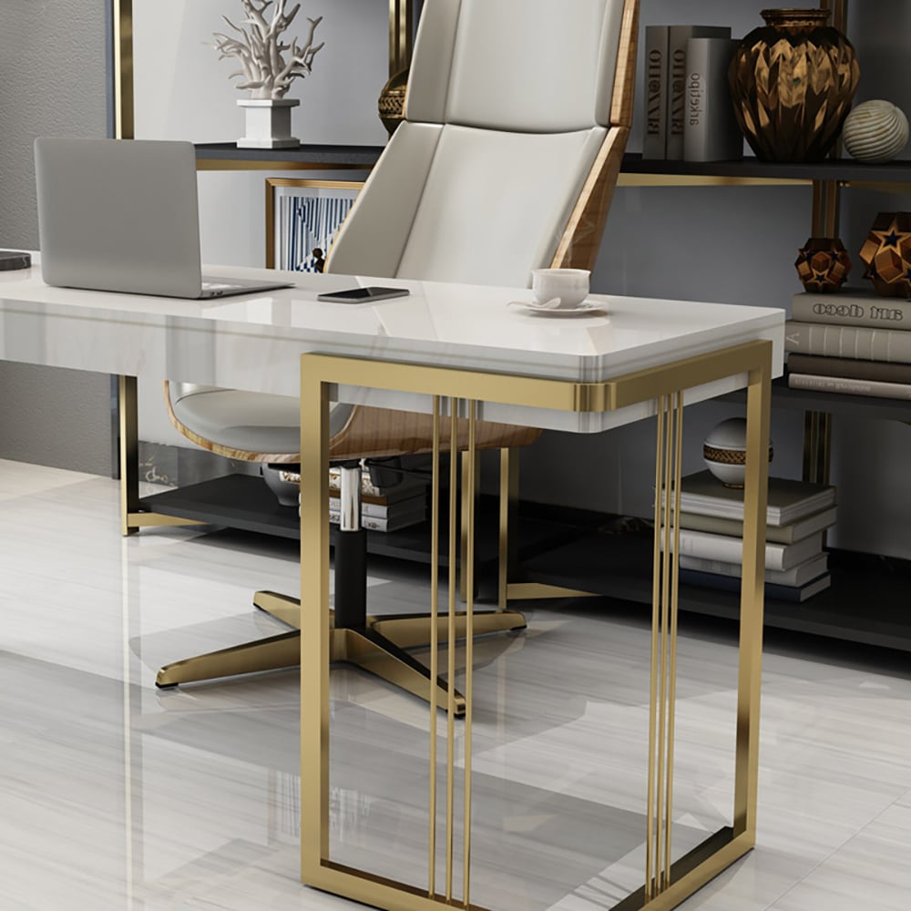 HMR Modern 47" Office Computer Desk with Drawer and Gold Base - White