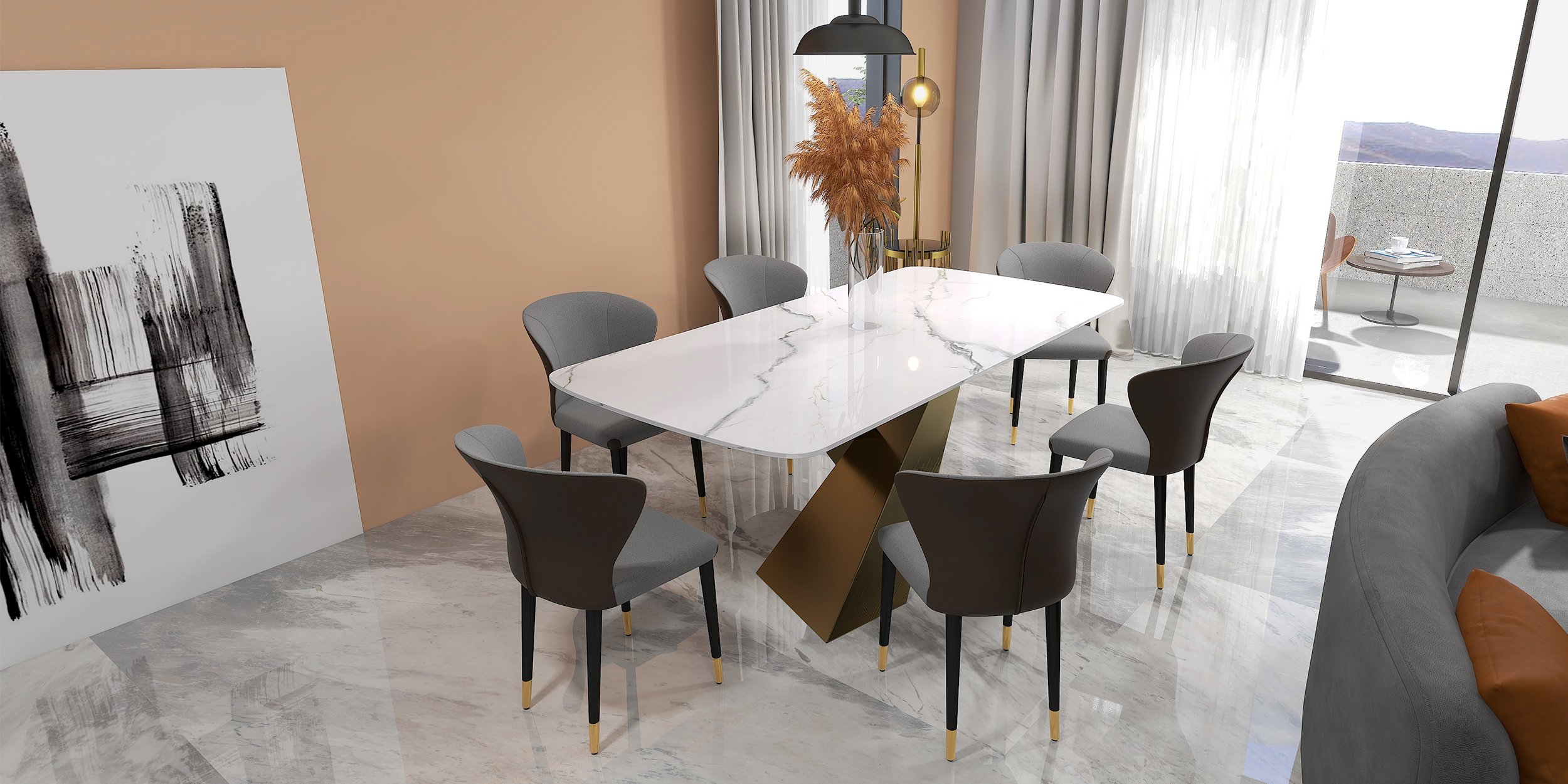 HMR - Modern Upholstered PU Leather Wingback Dining Chairs (Set of 2) in Gray