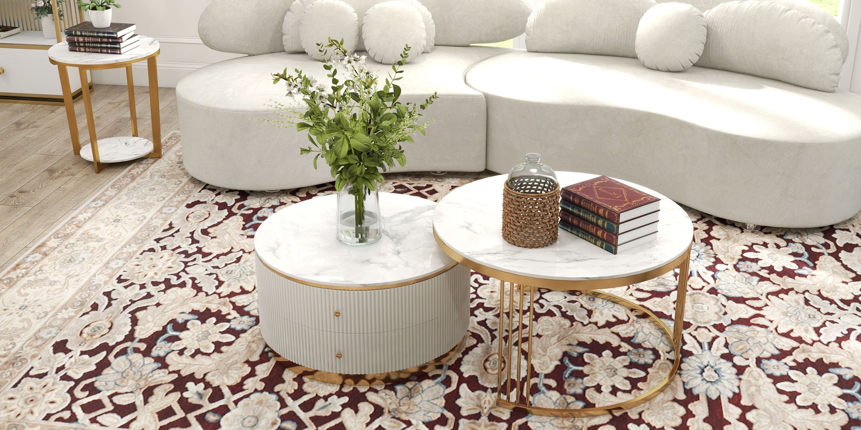 HMR - Faux Marble Round End Table in Gold Stainless Steel