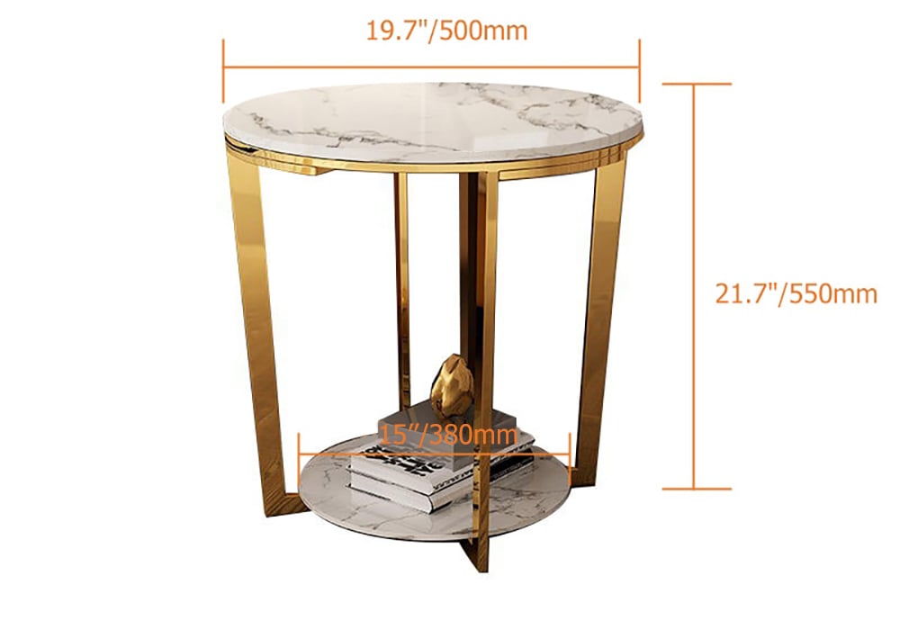HMR - Faux Marble Round End Table in Gold Stainless Steel