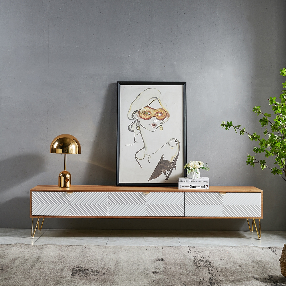 HMR - Nordic TV Stand Fluted Design White and Gold with 3 Drawers in 78.7"W
