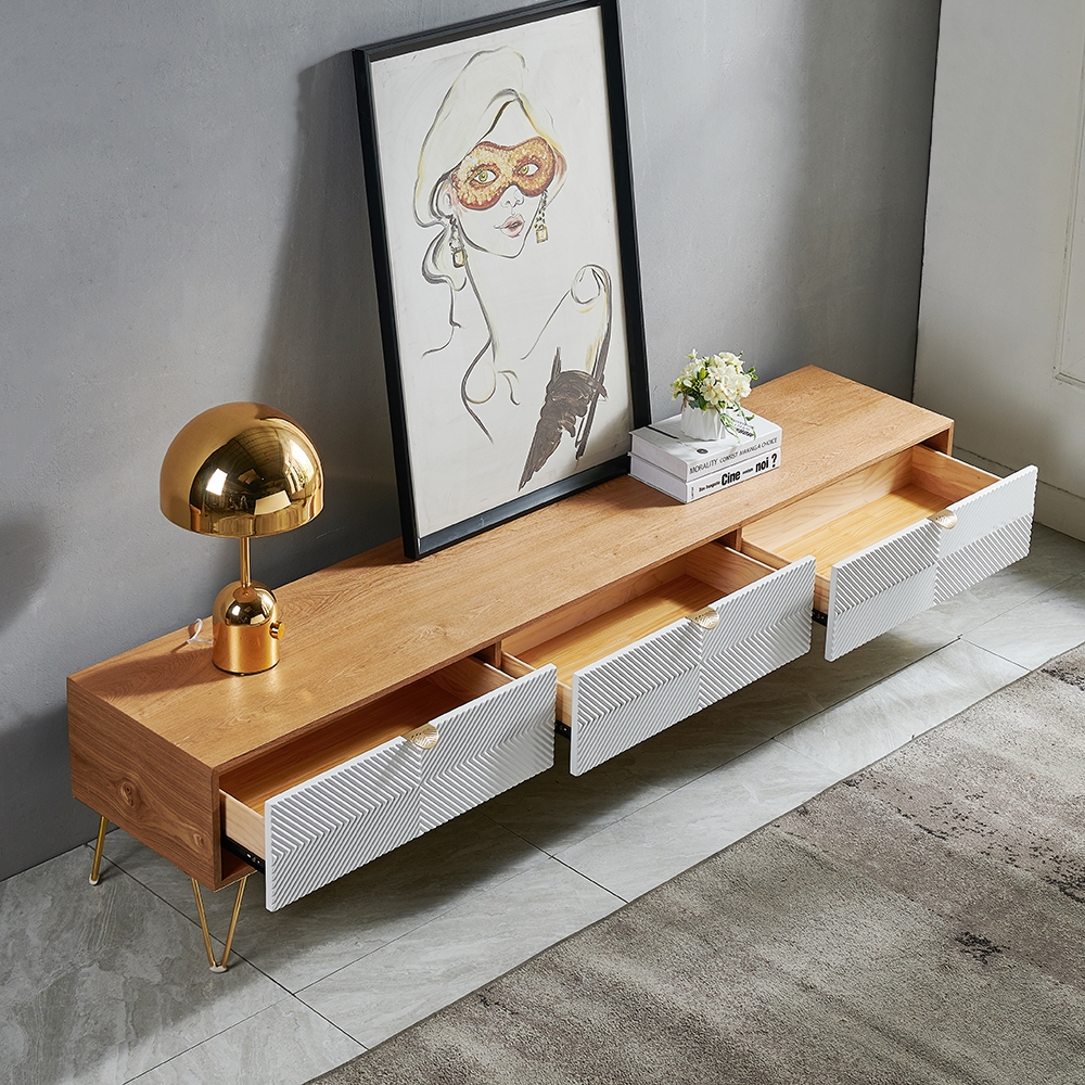 HMR - Nordic TV Stand Fluted Design White and Gold with 3 Drawers in 78.7"W