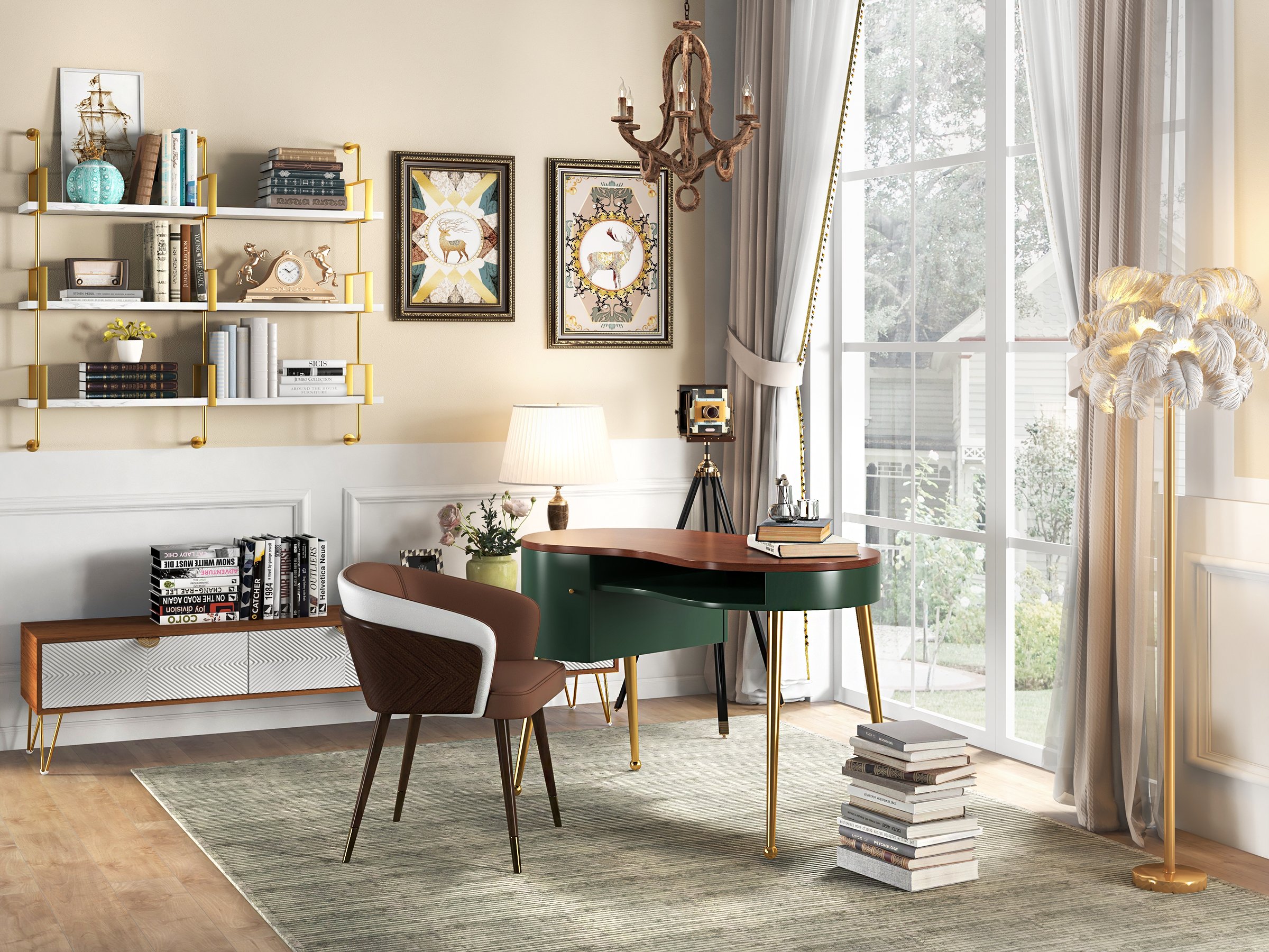 HMR - Nordic TV Stand Fluted Design White and Gold with 3 Drawers in 78.7"W