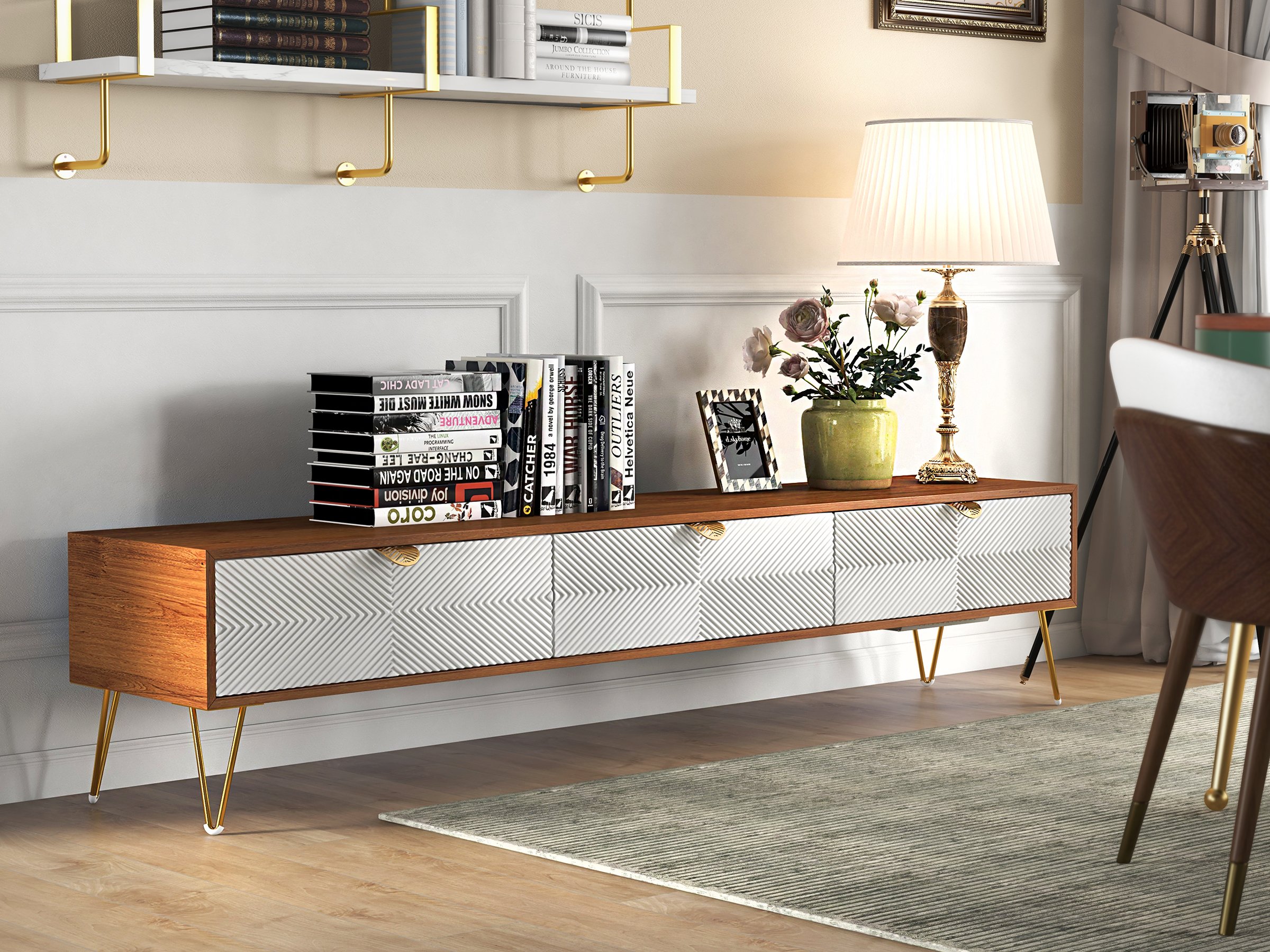 HMR - Nordic TV Stand Fluted Design White and Gold with 3 Drawers in 78.7"W