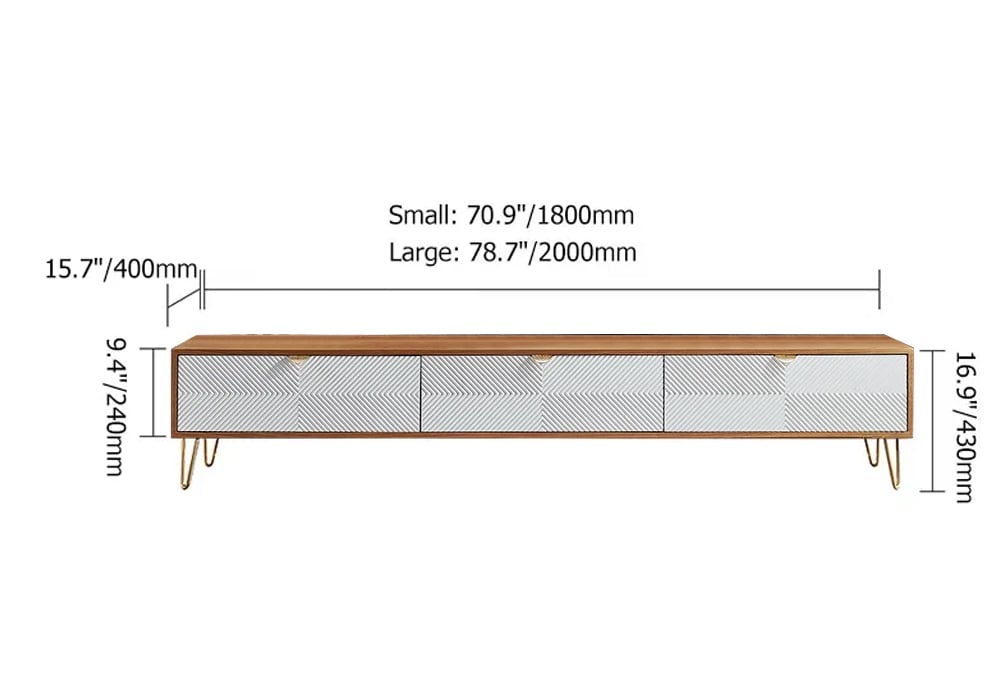 HMR - Nordic TV Stand Fluted Design White and Gold with 3 Drawers in 78.7"W
