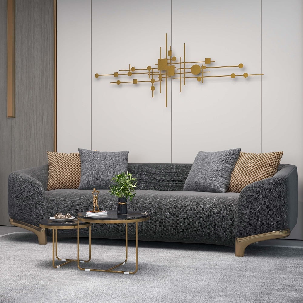 HMR - 3-Seat Cotton and Linen Upholstered Sofa with Pillows and Legs in 87"W, Gray and Gold