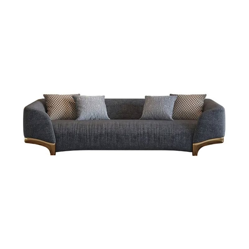 HMR - 3-Seat Cotton and Linen Upholstered Sofa with Pillows and Legs in 87"W, Gray and Gold