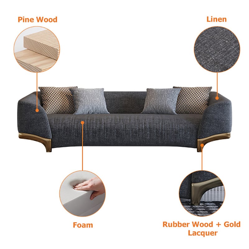 HMR - 3-Seat Cotton and Linen Upholstered Sofa with Pillows and Legs in 87"W, Gray and Gold