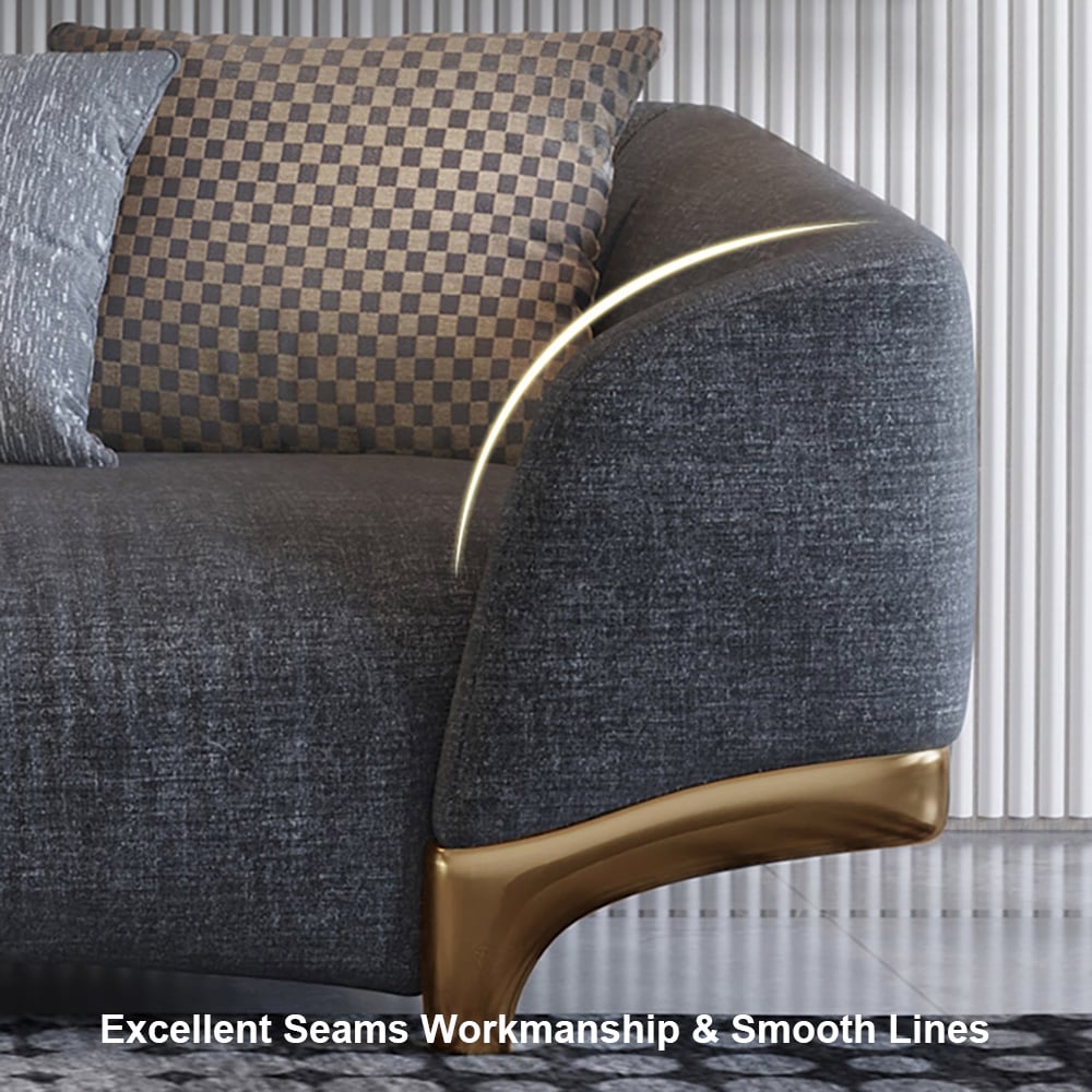 HMR - 3-Seat Cotton and Linen Upholstered Sofa with Pillows and Legs in 87"W, Gray and Gold